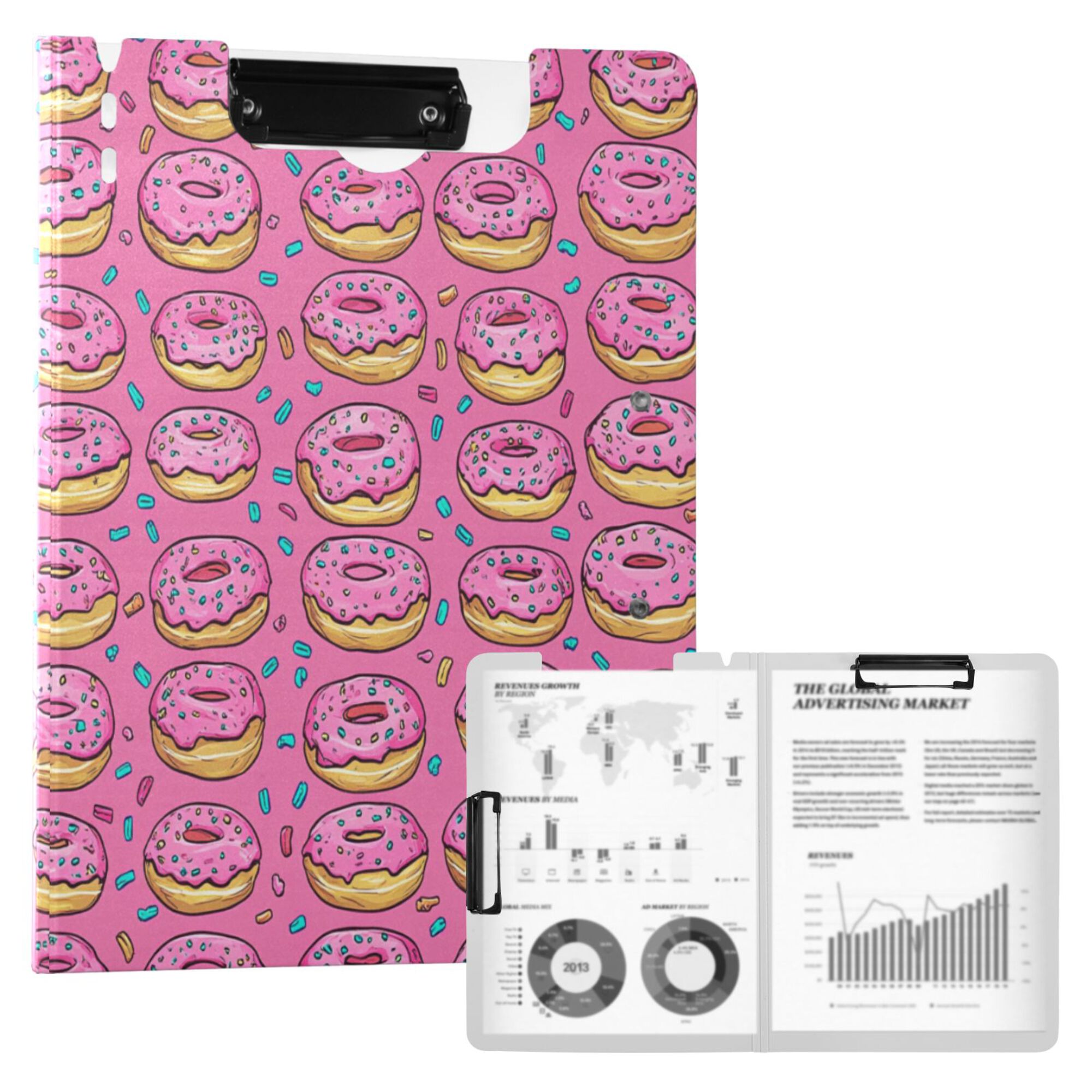 FORMRS A4 Clipboard Folder with Pen Holder Horizontal Foldable School Office Binder, Pink Doughnuts