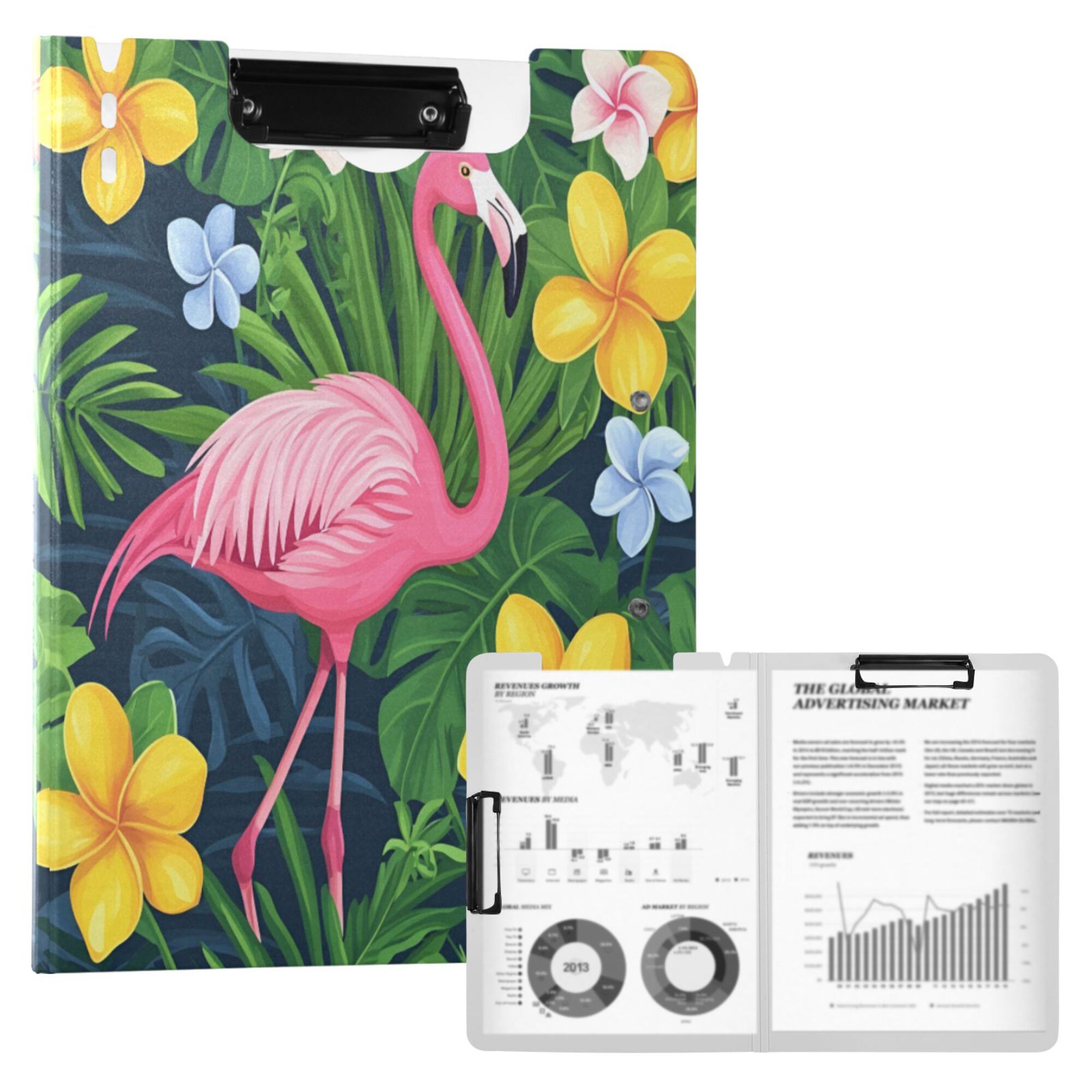 FORMRS A4 Clipboard Folder with Pen Holder Horizontal Foldable School Office Binder, Pink Flamingo Pattern