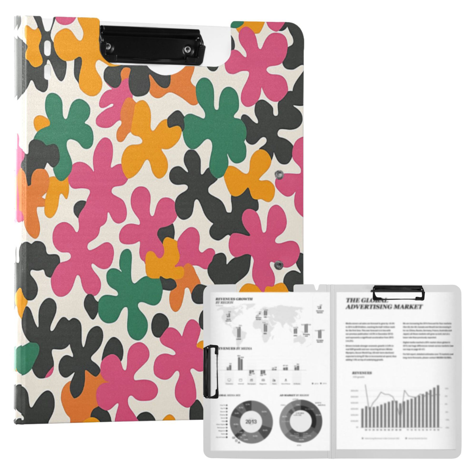 FORMRS A4 Clipboard Folder with Pen Holder Horizontal Foldable School Office Binder, Pink Floral Blooms