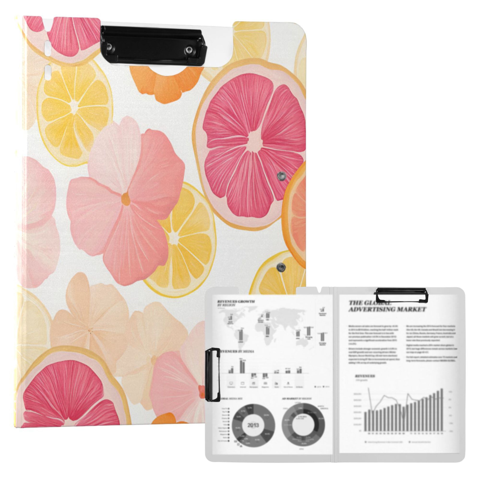 FORMRS A4 Clipboard Folder with Pen Holder Horizontal Foldable School Office Binder, Pink Floral Orange