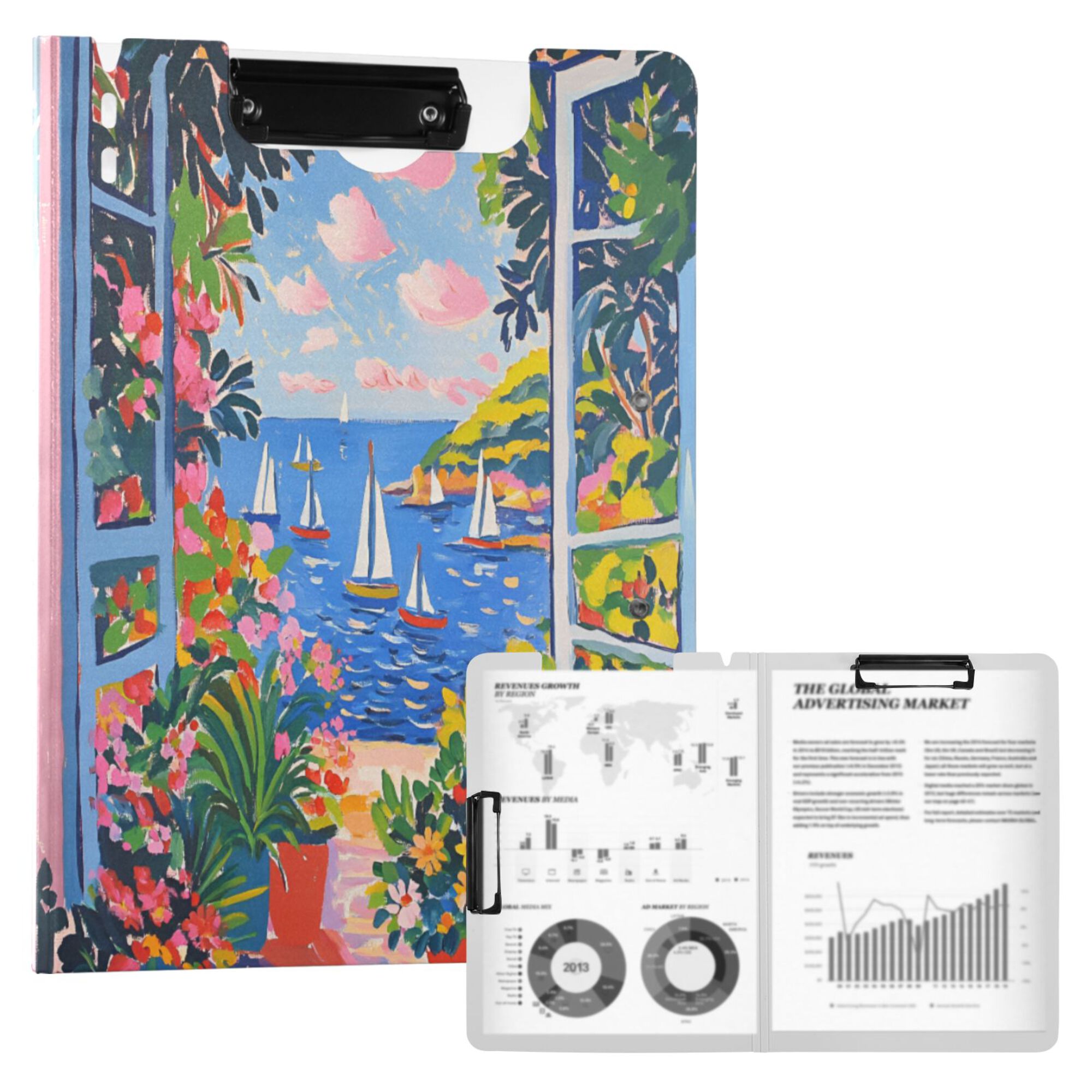 FORMRS A4 Clipboard Folder with Pen Holder Horizontal Foldable School Office Binder, Pink Floral Window