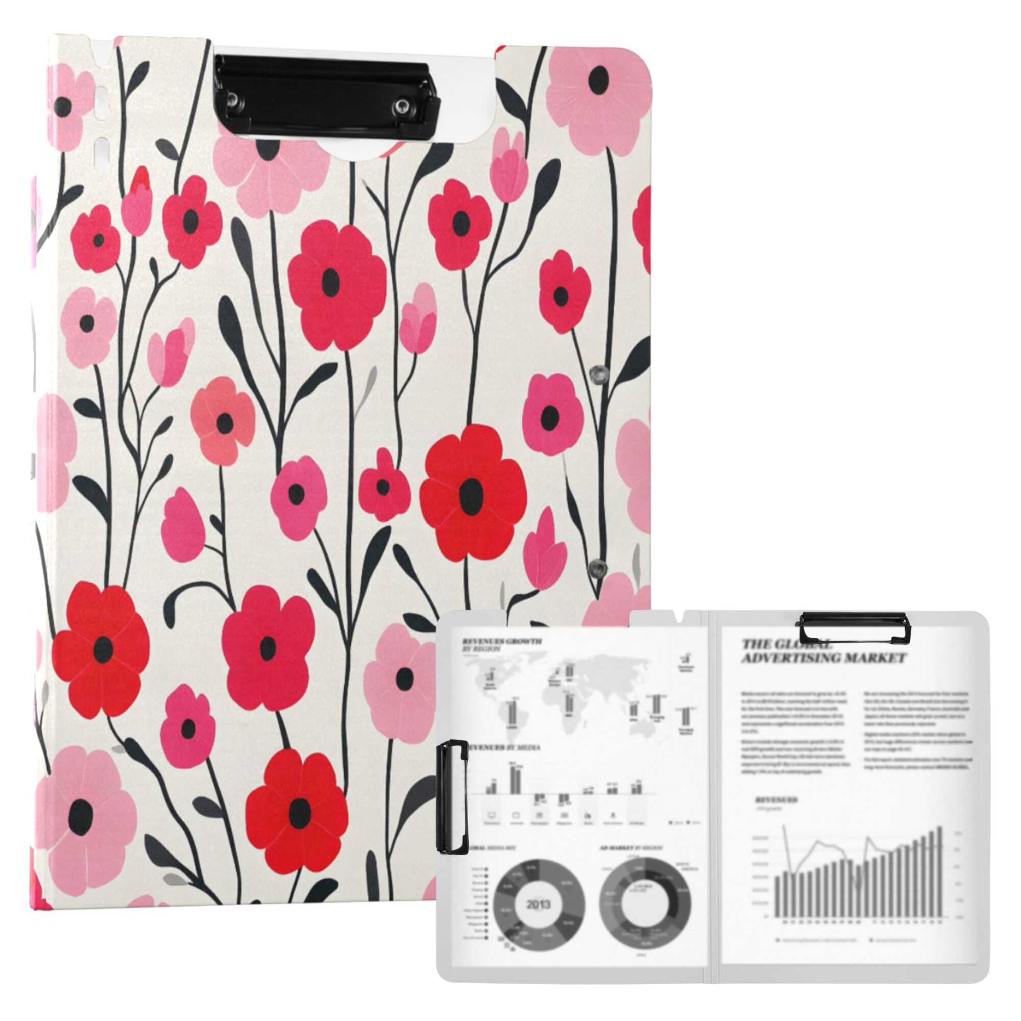 FORMRS A4 Clipboard Folder with Pen Holder Horizontal Foldable School Office Binder, Pink Floral