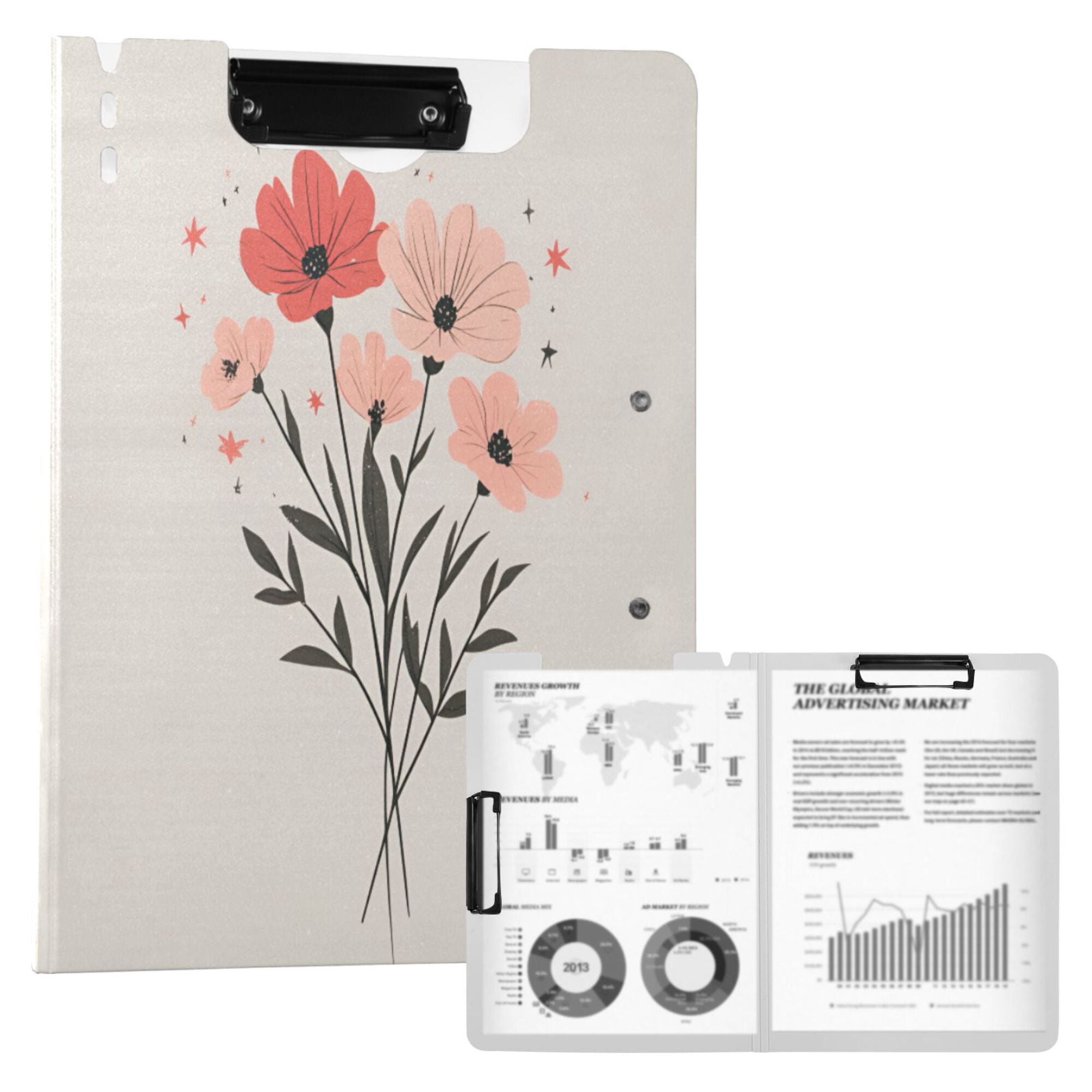 FORMRS A4 Clipboard Folder with Pen Holder Horizontal Foldable School Office Binder, Pink Flower