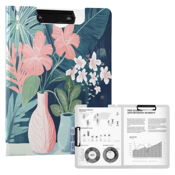 FORMRS A4 Clipboard Folder with Pen Holder Horizontal Foldable School Office Binder, Pink Flowers