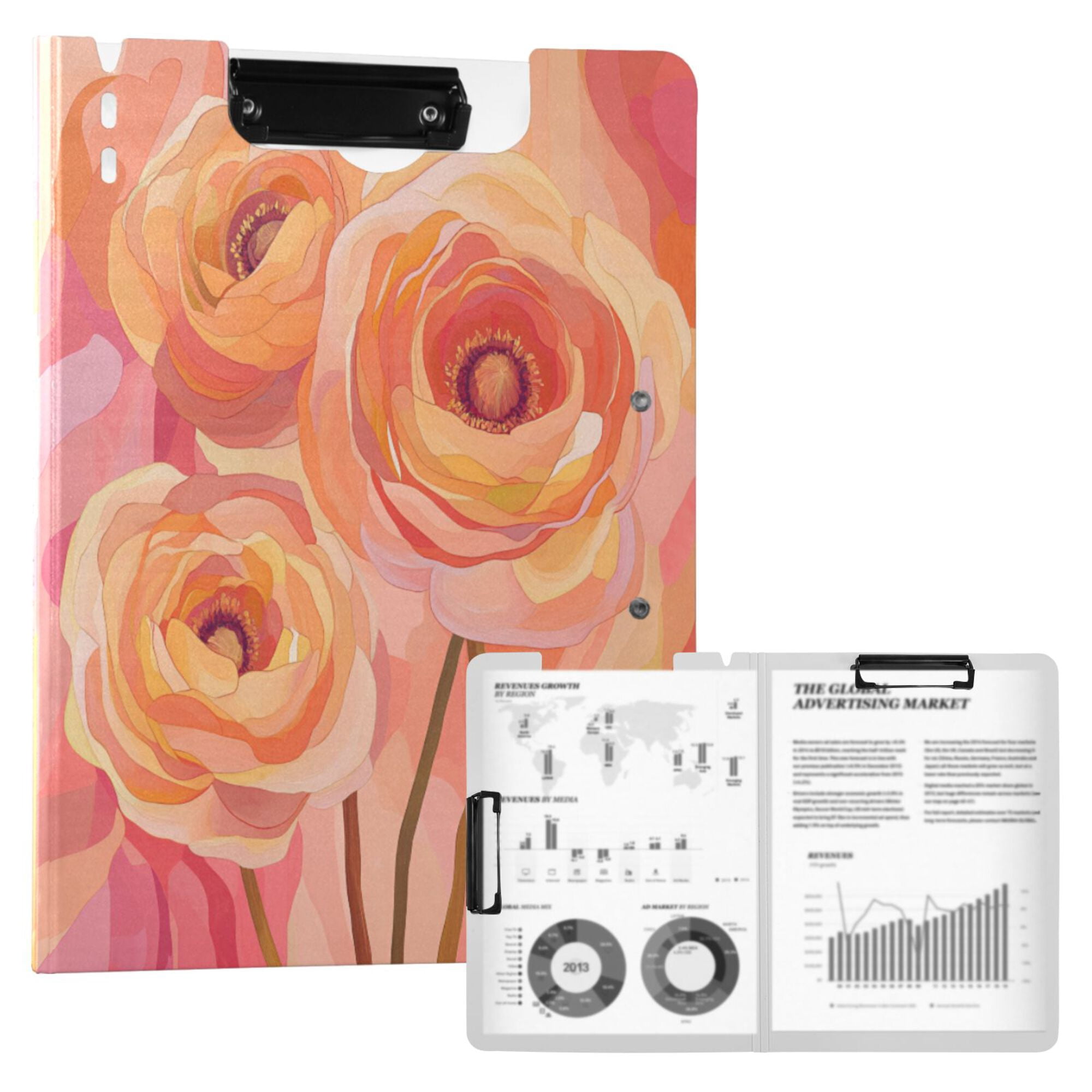 FORMRS A4 Clipboard Folder with Pen Holder Horizontal Foldable School Office Binder, Pink Flowers
