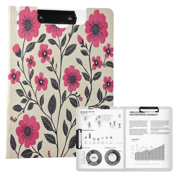 FORMRS A4 Clipboard Folder with Pen Holder Horizontal Foldable School Office Binder, Pink Flowers