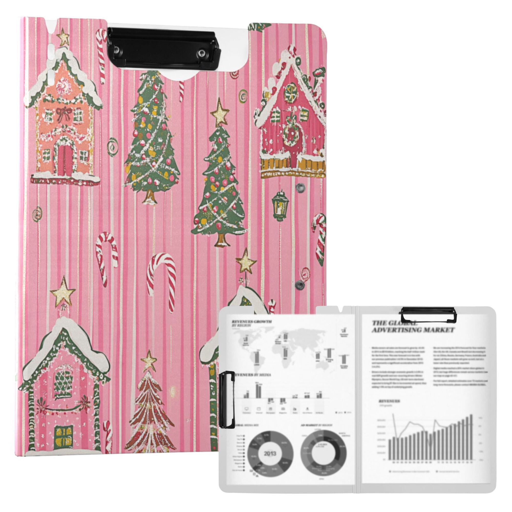 FORMRS A4 Clipboard Folder with Pen Holder Horizontal Foldable School Office Binder, Pink Gingerbread House
