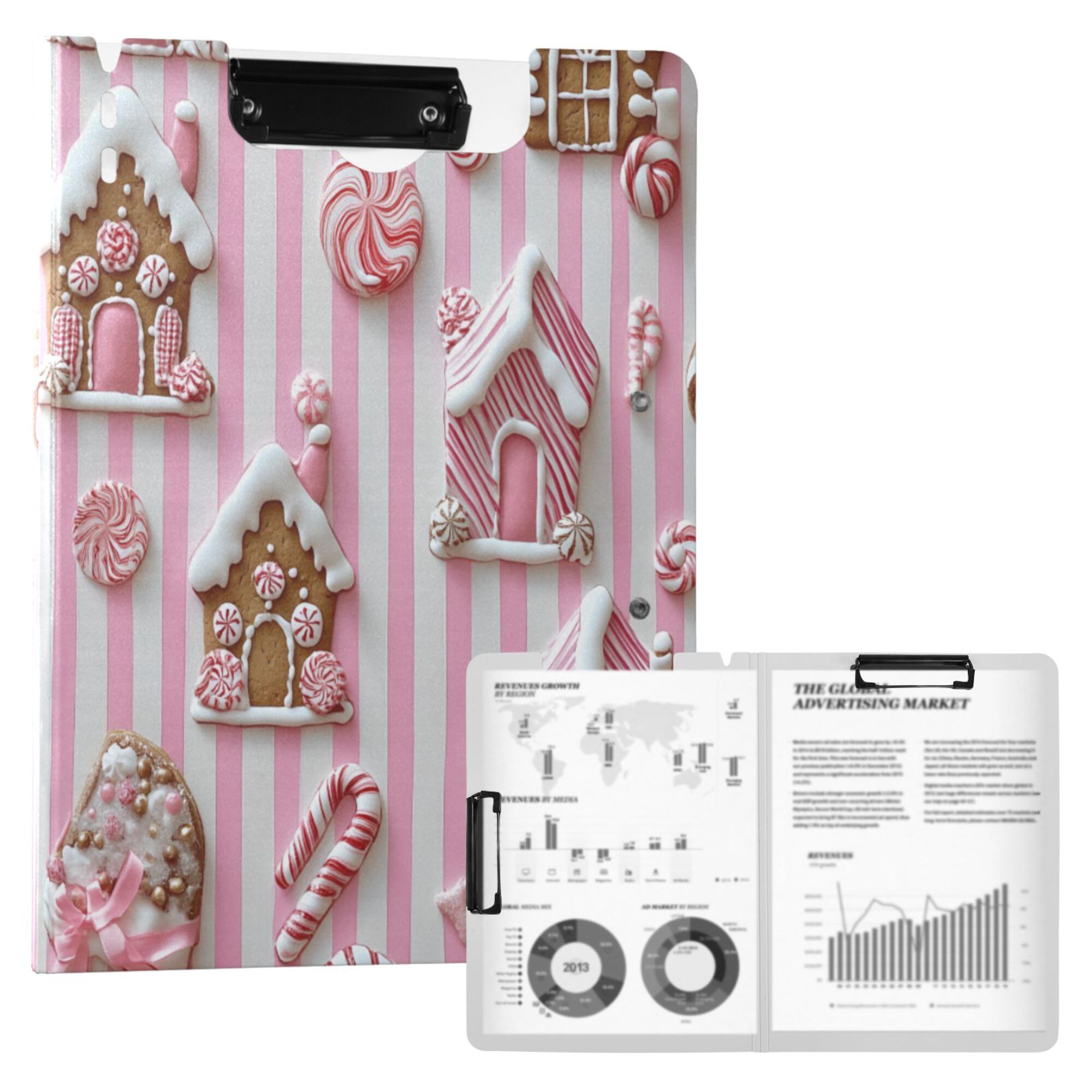 FORMRS A4 Clipboard Folder with Pen Holder Horizontal Foldable School Office Binder, Pink Gingerbread Houses