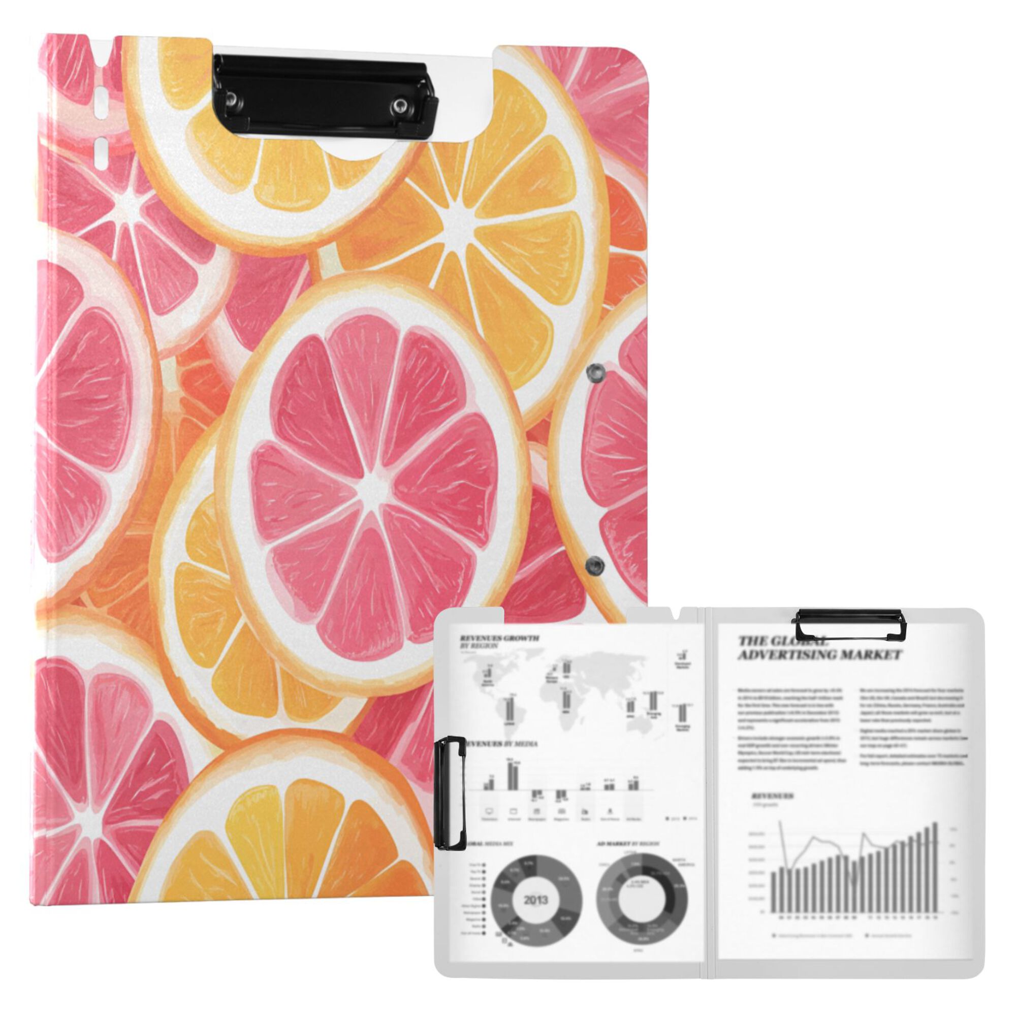 FORMRS A4 Clipboard Folder with Pen Holder Horizontal Foldable School Office Binder, Pink Grapefruit Slices