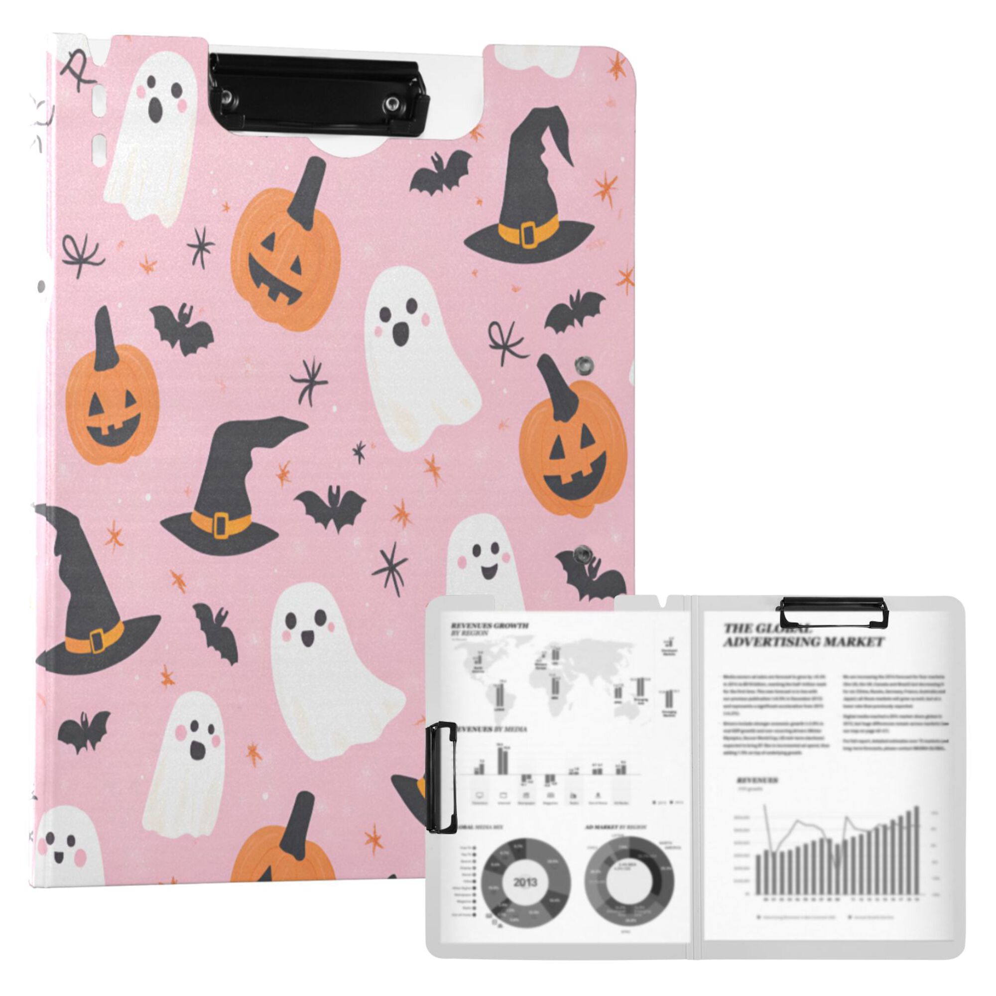 FORMRS A4 Clipboard Folder with Pen Holder Horizontal Foldable School Office Binder, Pink Halloween Ghosts