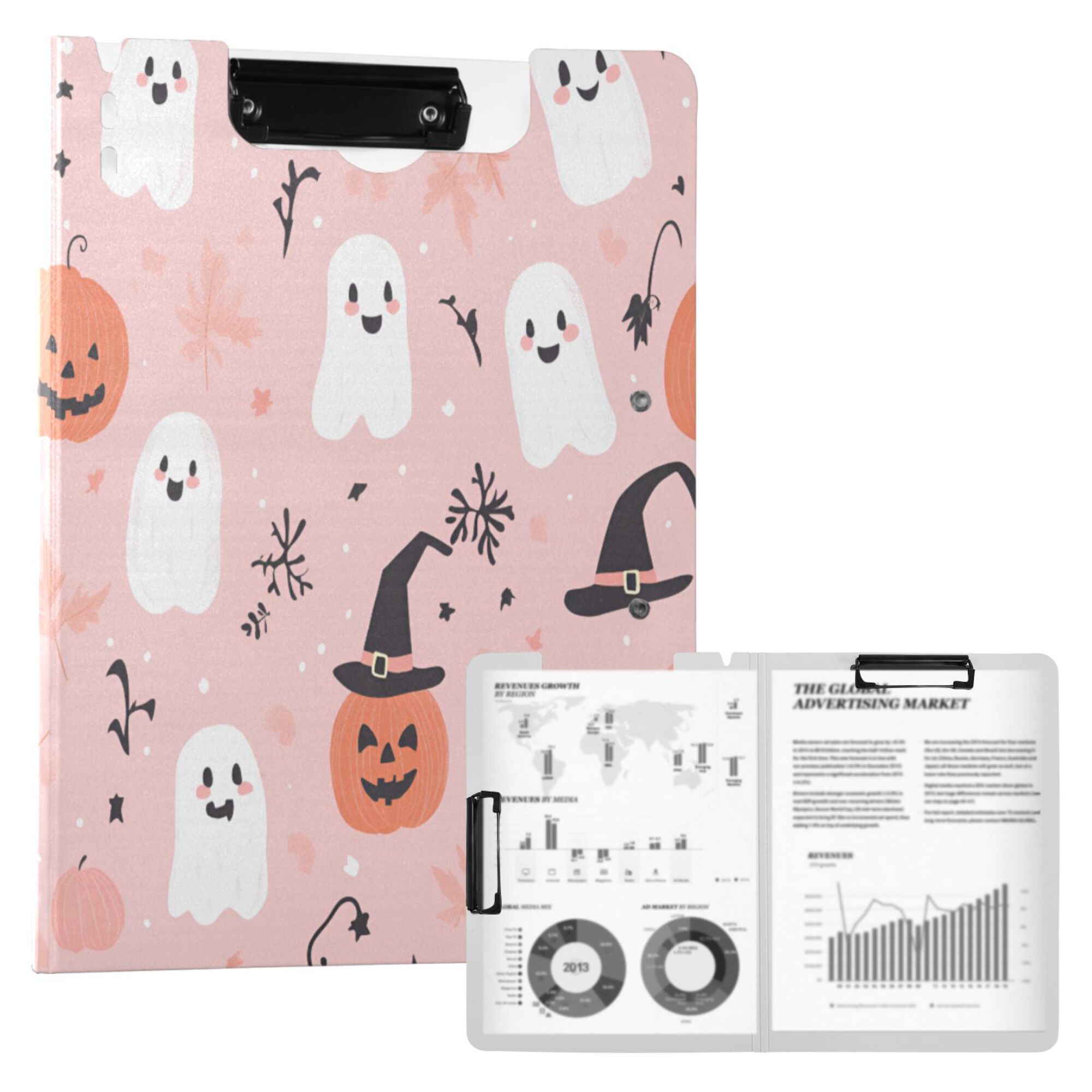 FORMRS A4 Clipboard Folder with Pen Holder Horizontal Foldable School Office Binder, Pink Halloween Ghosts