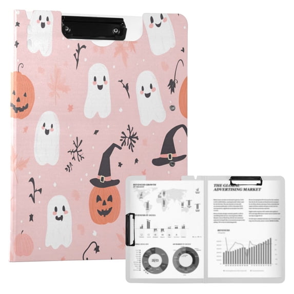 FORMRS A4 Clipboard Folder with Pen Holder Horizontal Foldable School Office Binder, Pink Halloween Ghosts