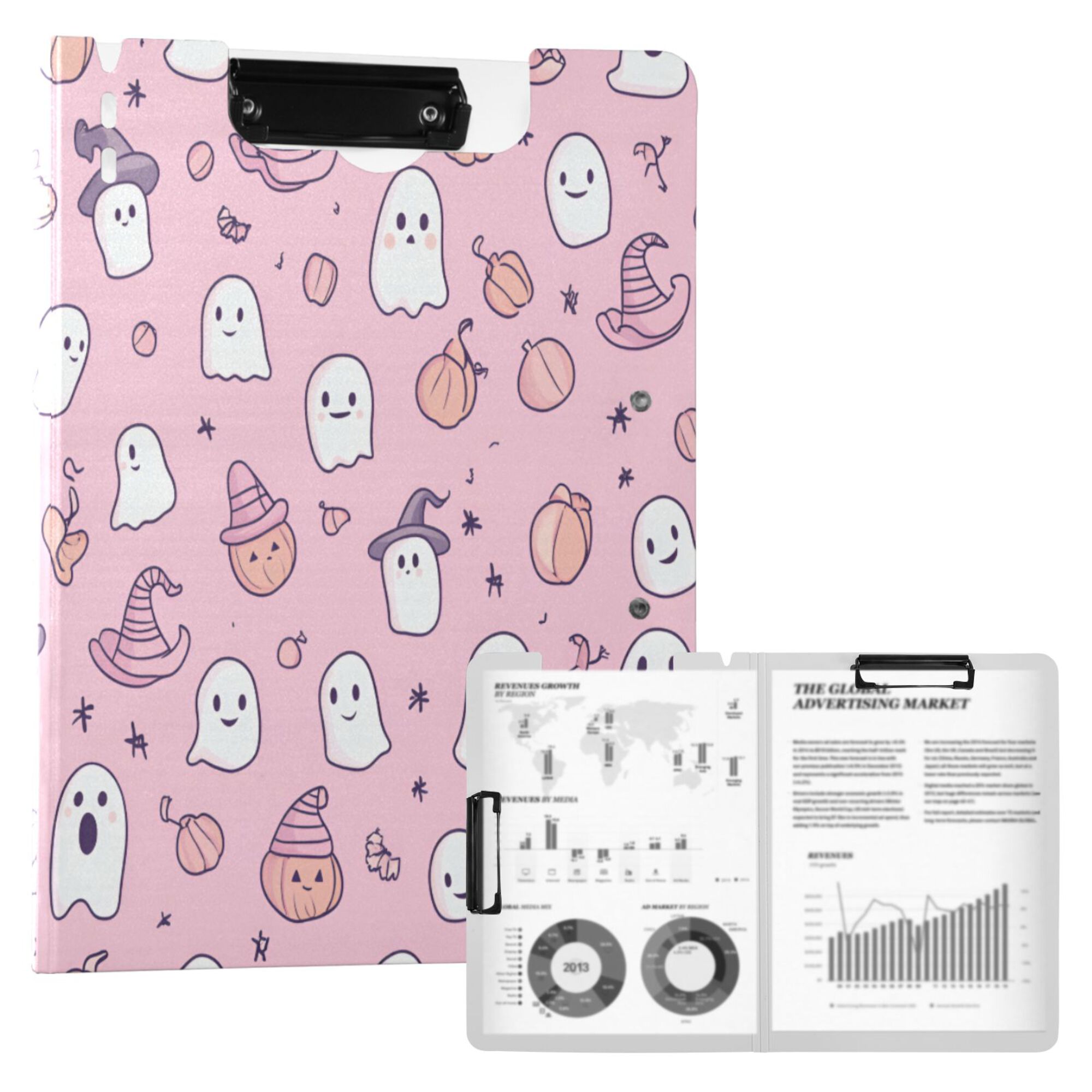 FORMRS A4 Clipboard Folder with Pen Holder Horizontal Foldable School Office Binder, Pink Halloween