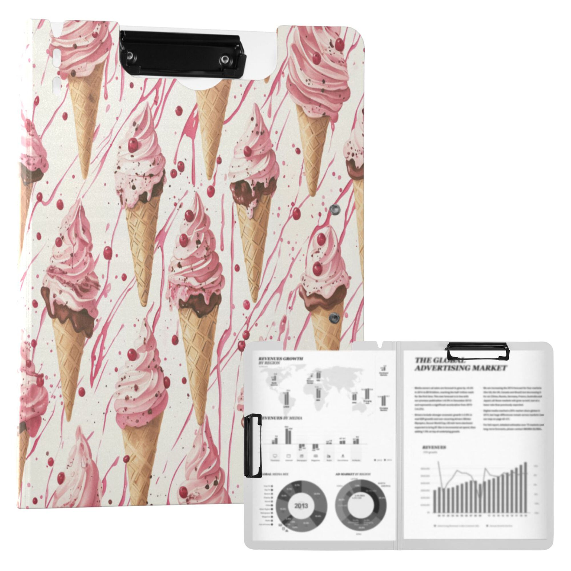 FORMRS A4 Clipboard Folder with Pen Holder Horizontal Foldable School Office Binder, Pink Ice Cream Pattern