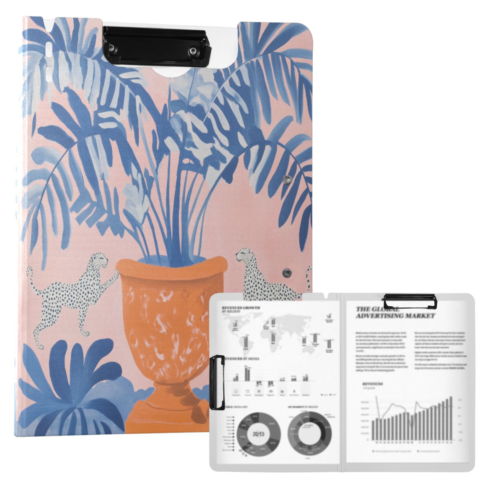 FORMRS A4 Clipboard Folder with Pen Holder Horizontal Foldable School Office Binder, Pink Leaves