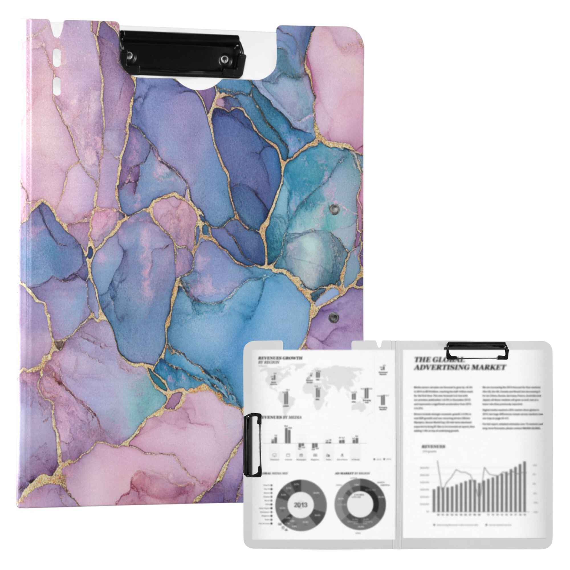 FORMRS A4 Clipboard Folder with Pen Holder Horizontal Foldable School Office Binder, Pink Marble Pattern