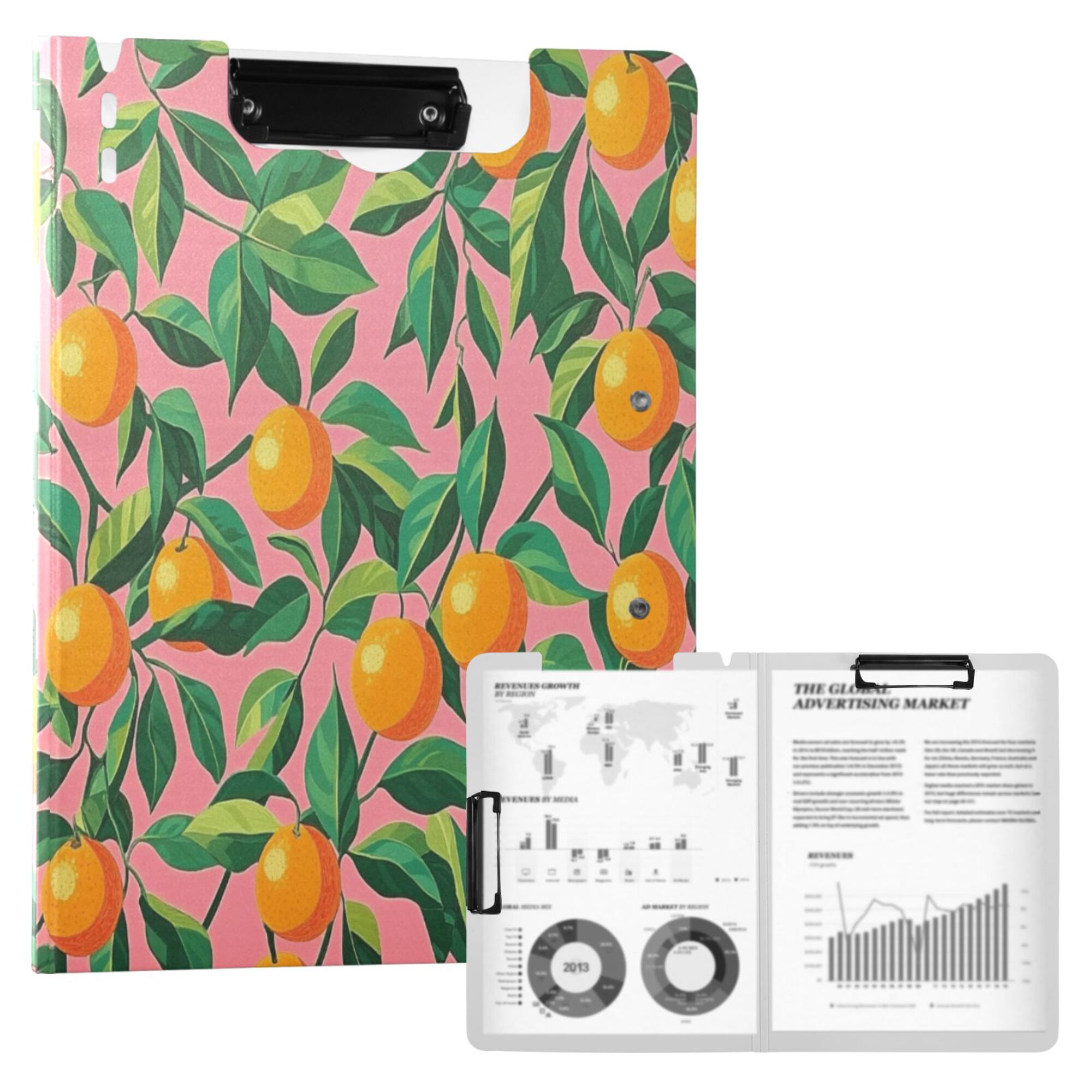 FORMRS A4 Clipboard Folder with Pen Holder Horizontal Foldable School Office Binder, Pink Oranges