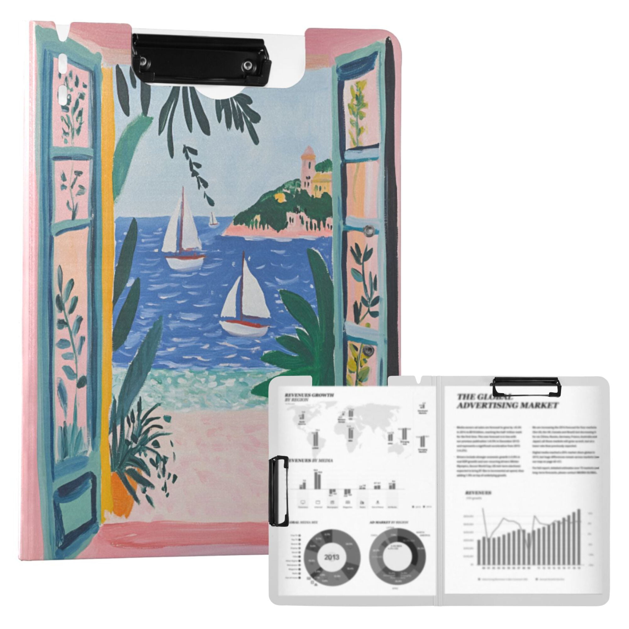 FORMRS A4 Clipboard Folder with Pen Holder Horizontal Foldable School Office Binder, Pink Seaside
