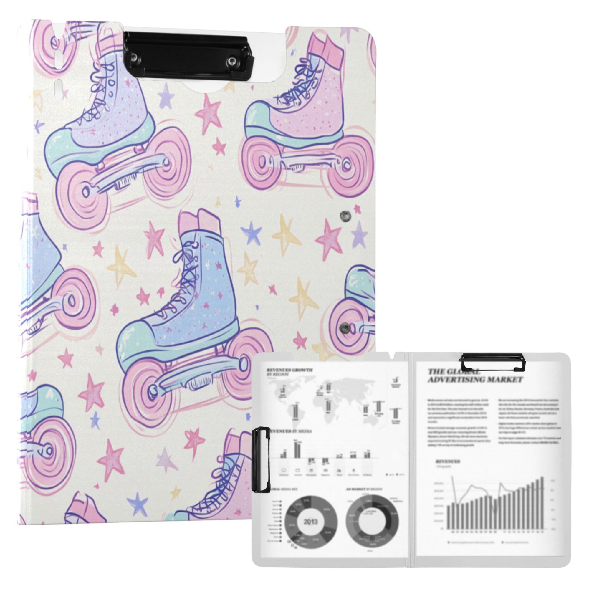 FORMRS A4 Clipboard Folder with Pen Holder Horizontal Foldable School Office Binder, Pink Skates