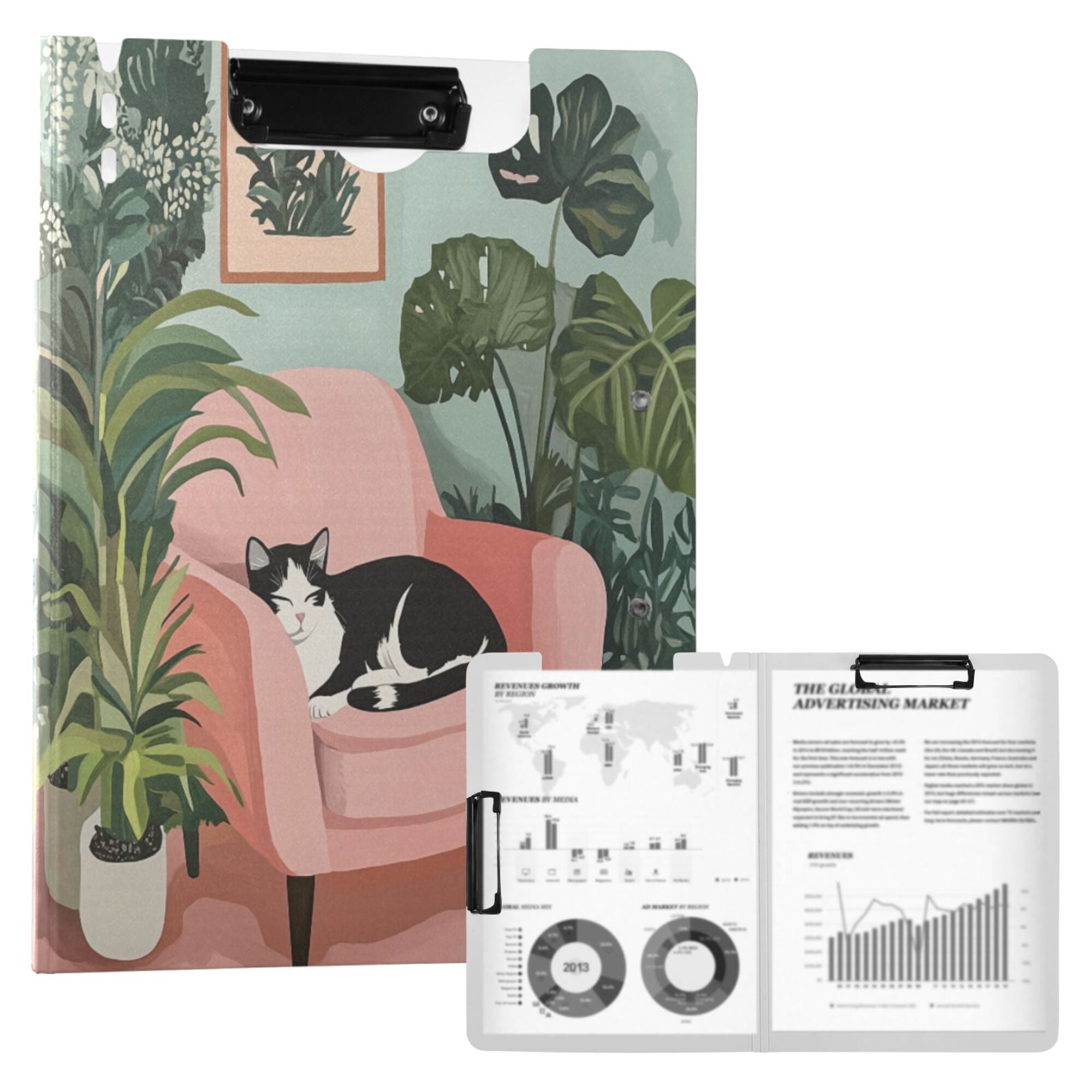 FORMRS A4 Clipboard Folder with Pen Holder Horizontal Foldable School Office Binder, Pink Sleeping Cat