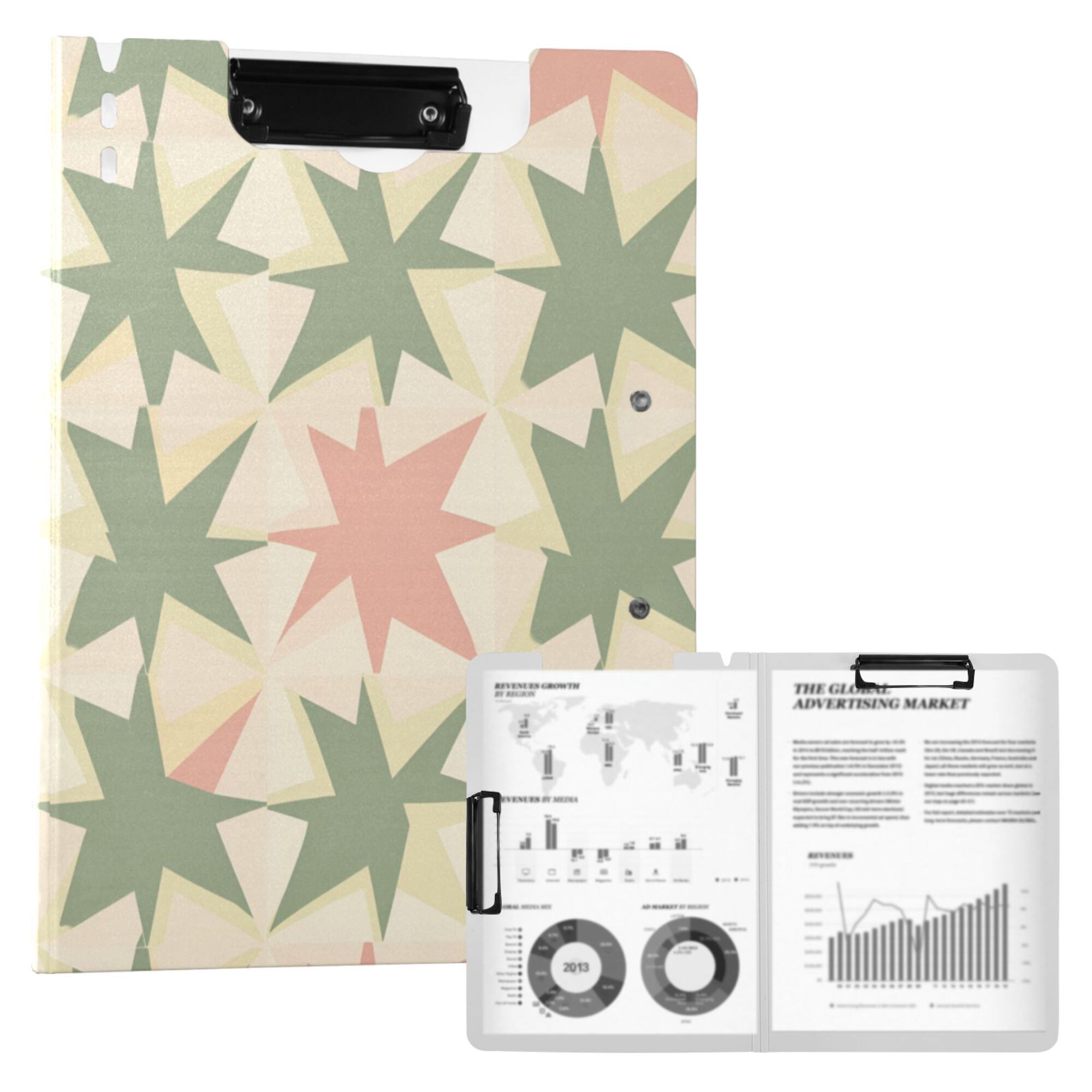 FORMRS A4 Clipboard Folder with Pen Holder Horizontal Foldable School Office Binder, Pink and Green Geometric
