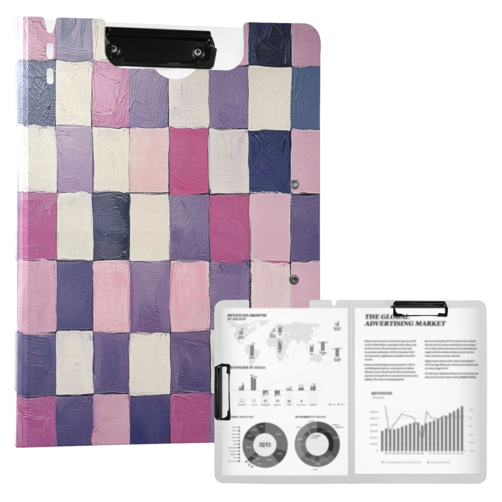 FORMRS A4 Clipboard Folder with Pen Holder Horizontal Foldable School Office Binder, Pink and Purple Plaid Pattern