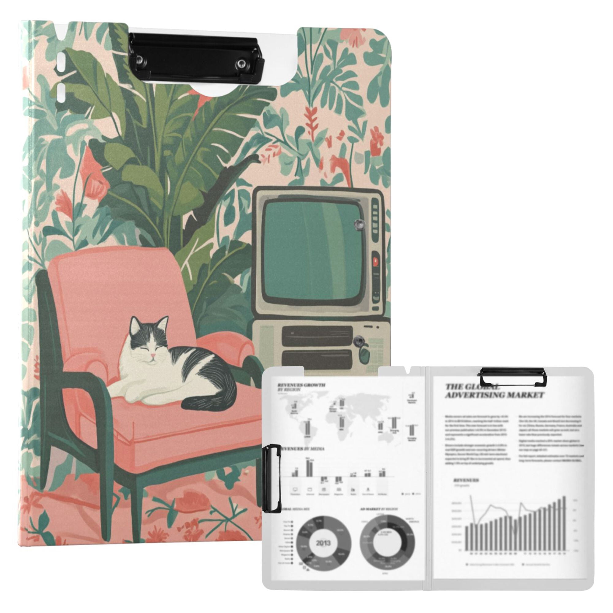 FORMRS A4 Clipboard Folder with Pen Holder Horizontal Foldable School Office Binder, Pink and White Cat
