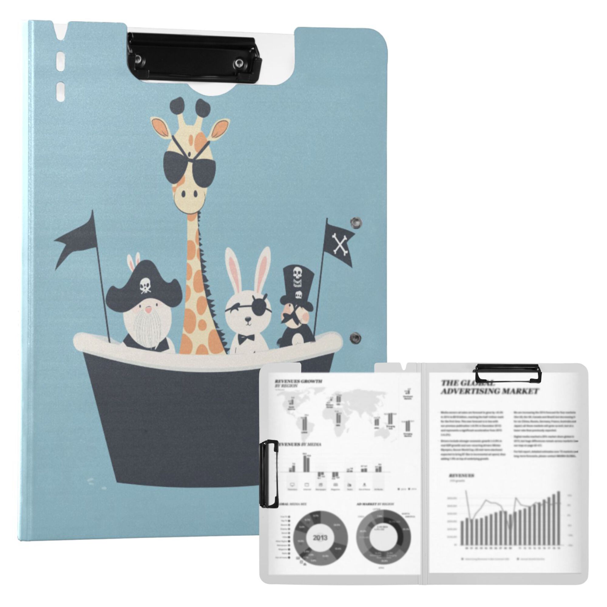 FORMRS A4 Clipboard Folder with Pen Holder Horizontal Foldable School Office Binder, Pirate Animals