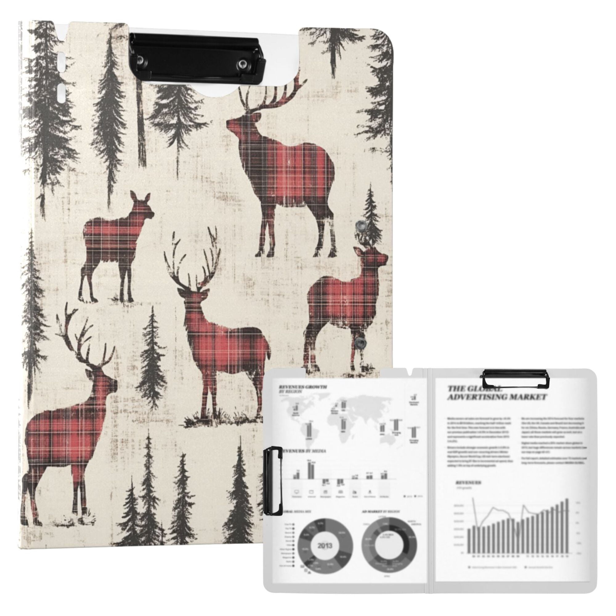 FORMRS A4 Clipboard Folder with Pen Holder Horizontal Foldable School Office Binder, Plaid Deer