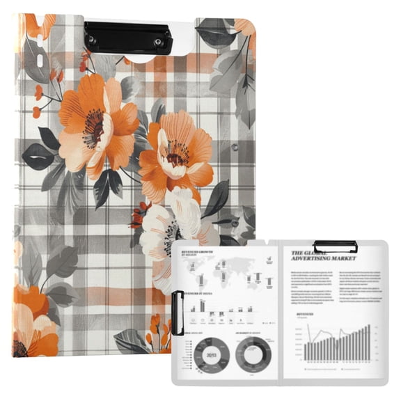 FORMRS A4 Clipboard Folder with Pen Holder Horizontal Foldable School Office Binder, Plaid Floral