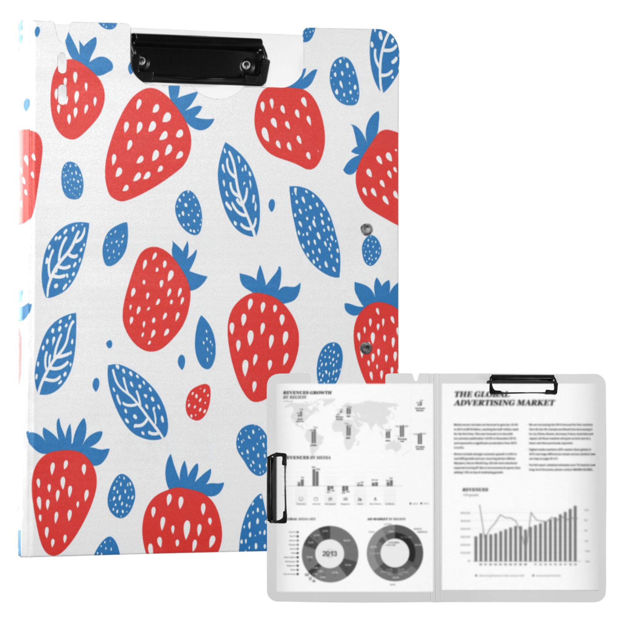 FORMRS A4 Clipboard Folder with Pen Holder Horizontal Foldable School Office Binder, Playful Strawberries