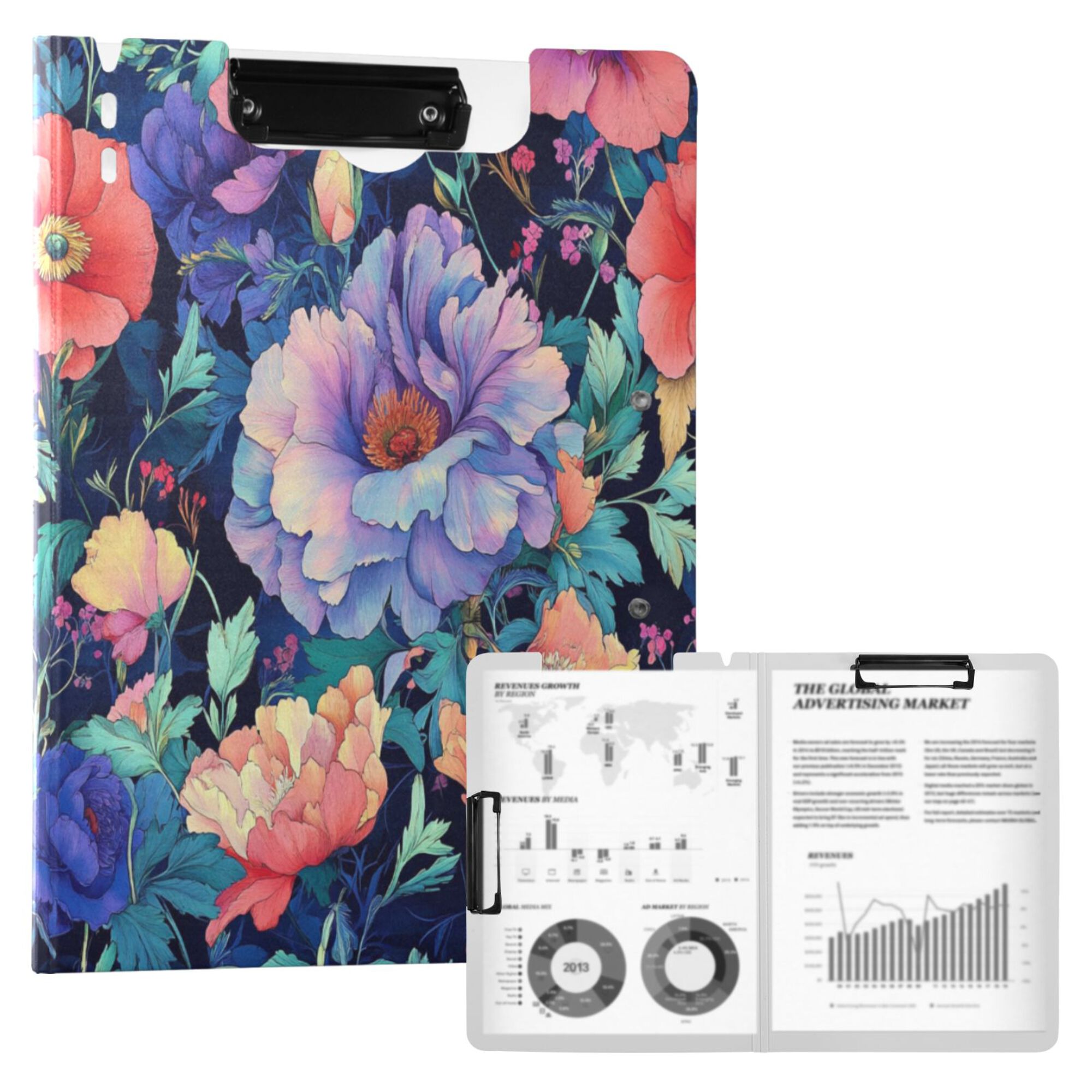 FORMRS A4 Clipboard Folder with Pen Holder Horizontal Foldable School Office Binder, Puprle Ethereal Floral Harmony
