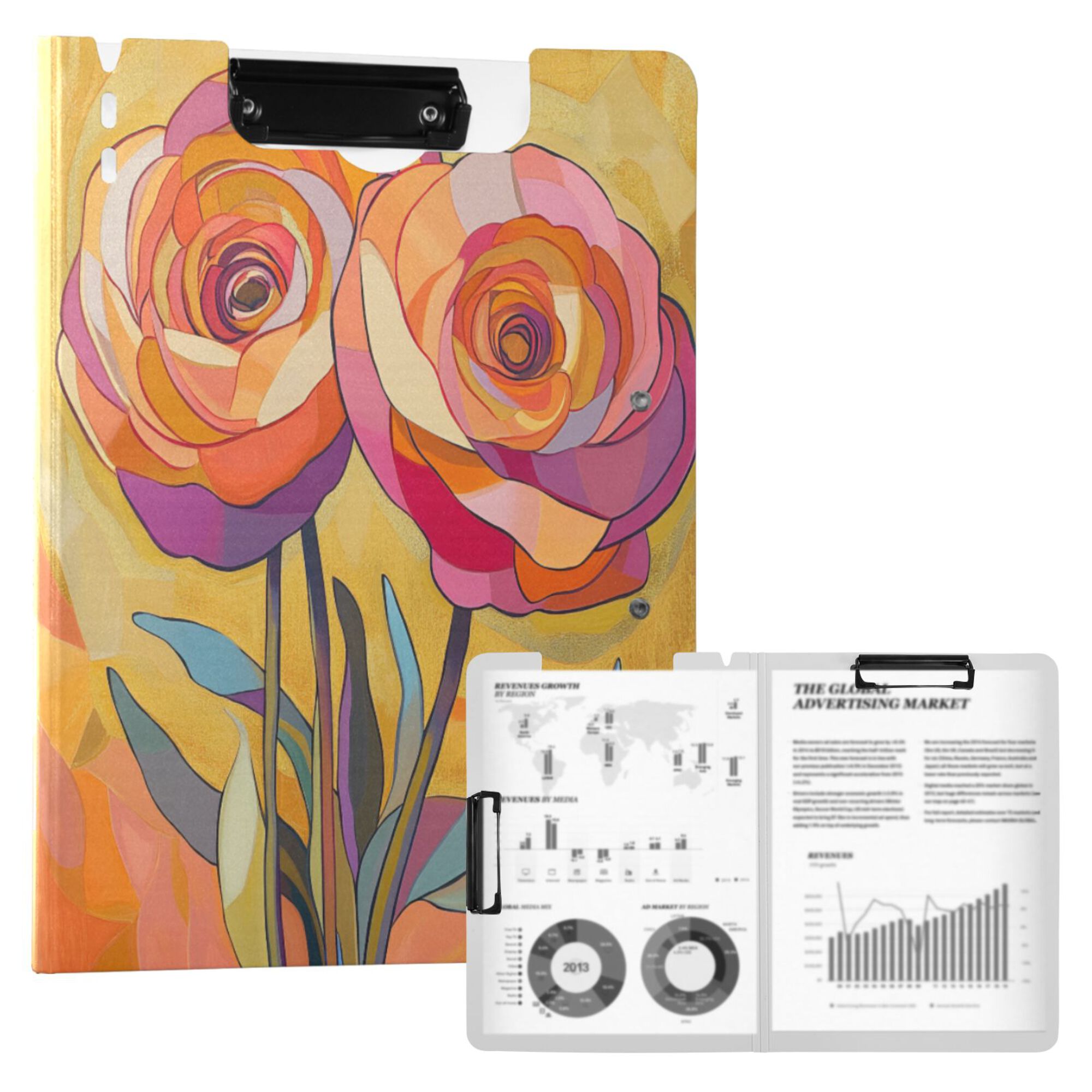 FORMRS A4 Clipboard Folder with Pen Holder Horizontal Foldable School Office Binder, Purple Abstract Floral