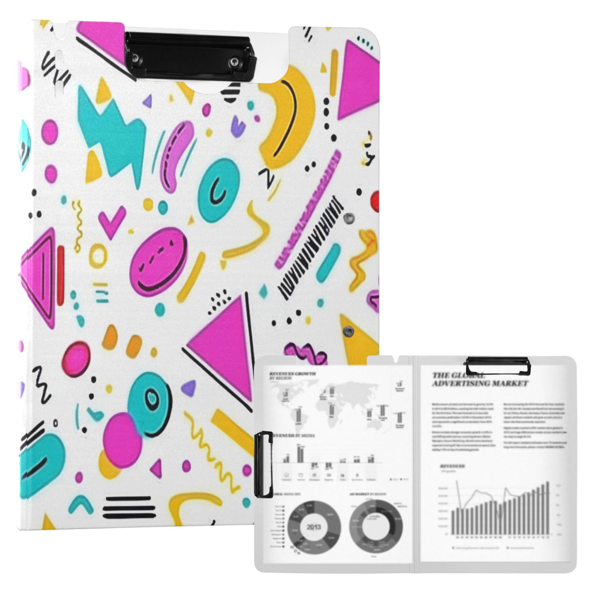 FORMRS A4 Clipboard Folder with Pen Holder Horizontal Foldable School Office Binder, Purple Abstract Shapes