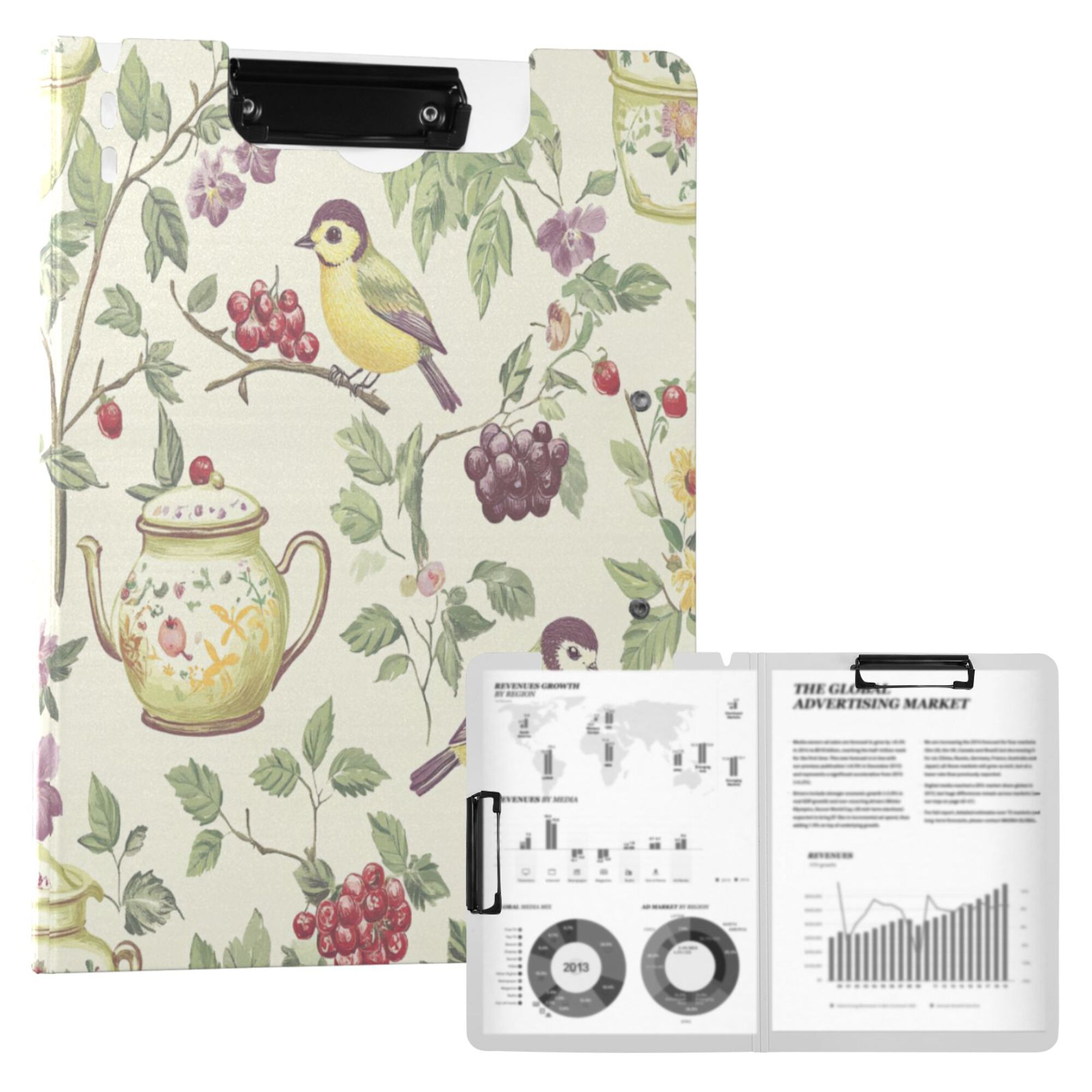 FORMRS A4 Clipboard Folder with Pen Holder Horizontal Foldable School Office Binder, Purple Birds Teapots