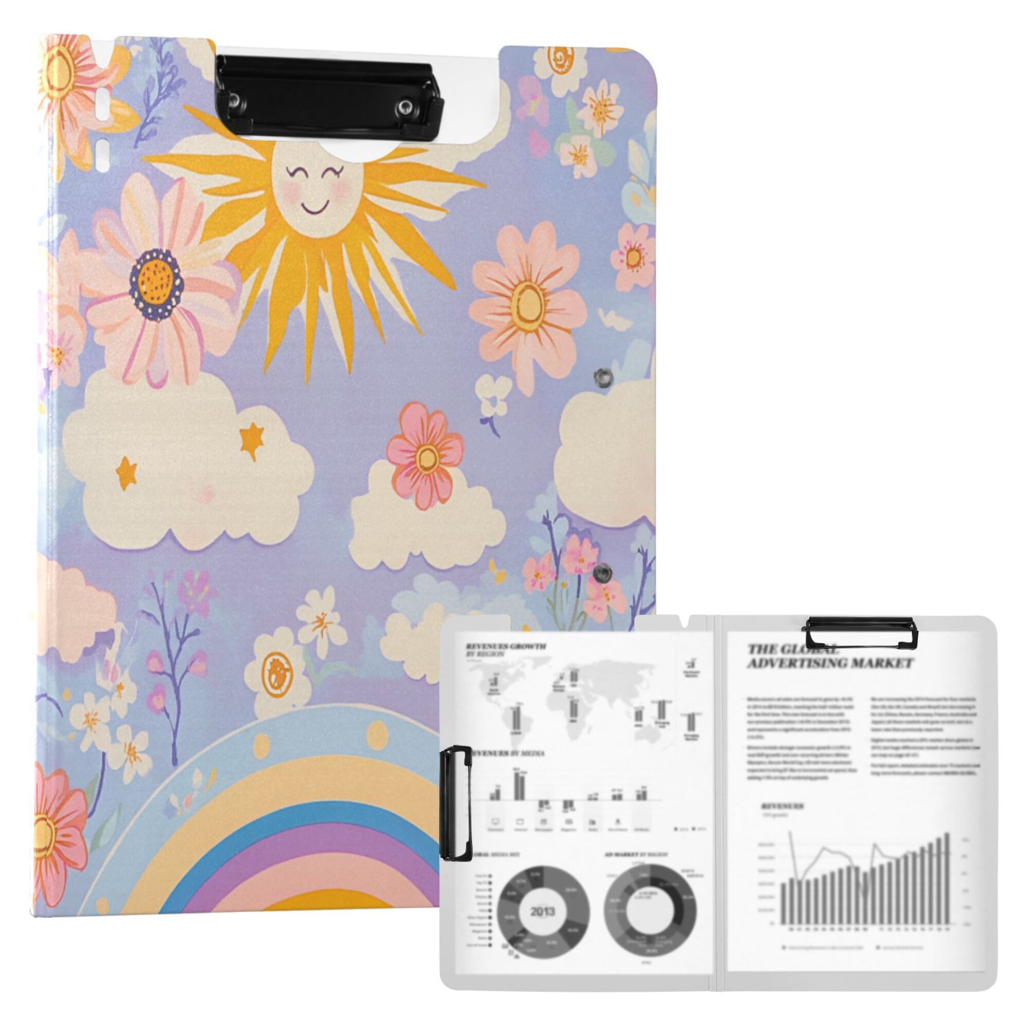 FORMRS A4 Clipboard Folder with Pen Holder Horizontal Foldable School Office Binder, Purple Clouds