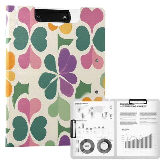 FORMRS A4 Clipboard Folder with Pen Holder Horizontal Foldable School Office Binder, Purple Clover Pattern