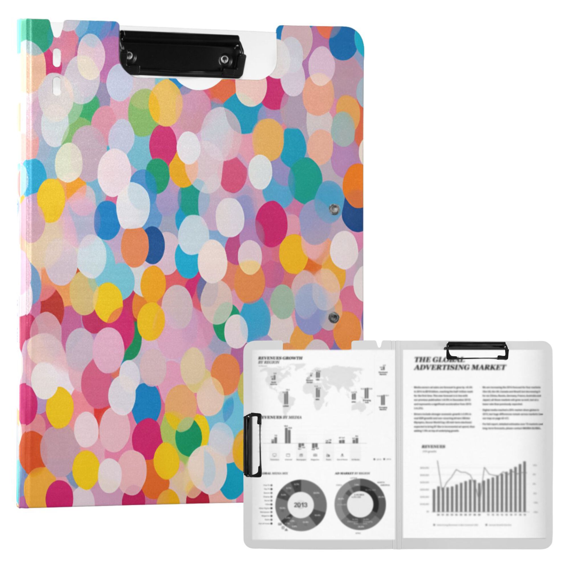 FORMRS A4 Clipboard Folder with Pen Holder Horizontal Foldable School Office Binder, Purple Colorful Circles
