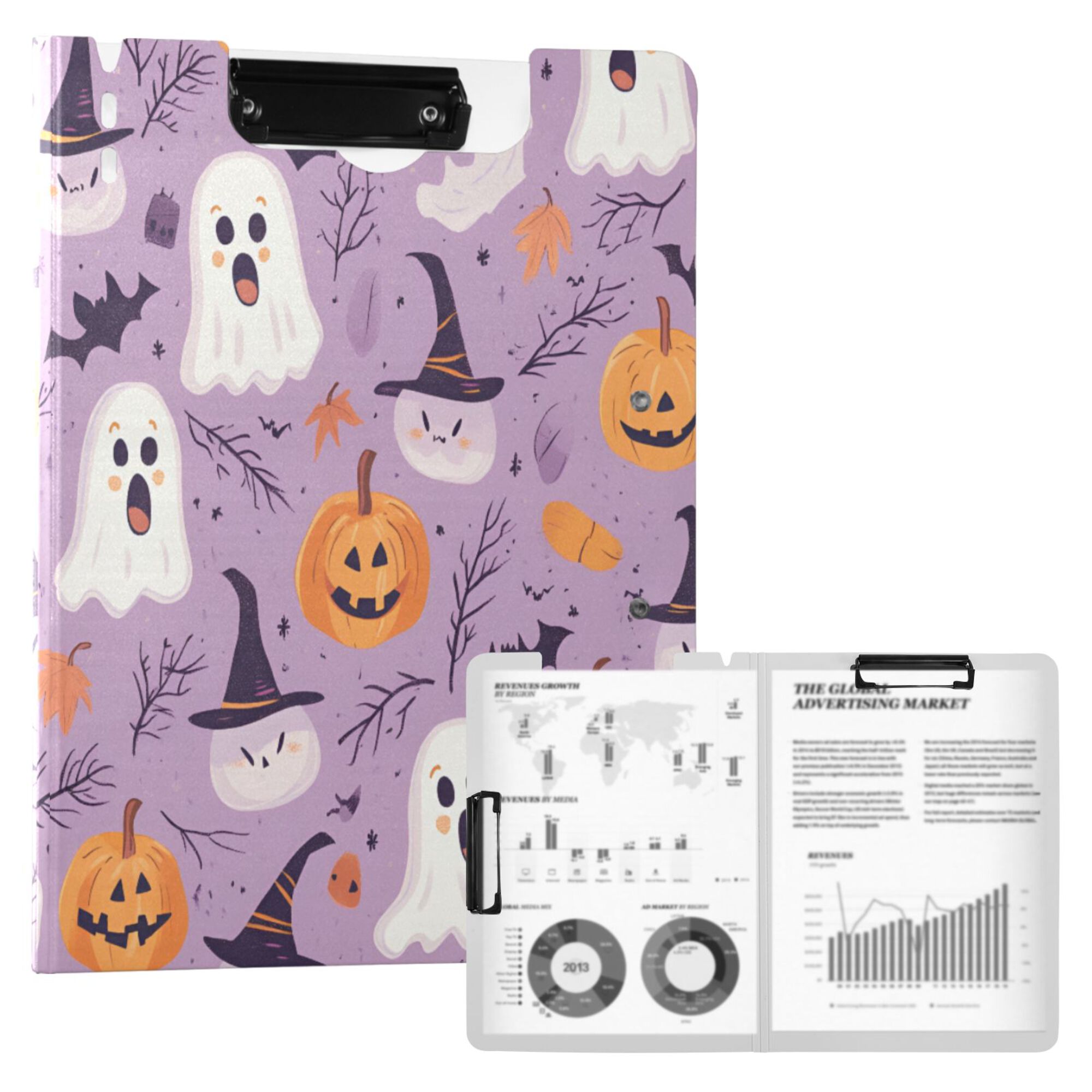 FORMRS A4 Clipboard Folder with Pen Holder Horizontal Foldable School Office Binder, Purple Cute Halloween