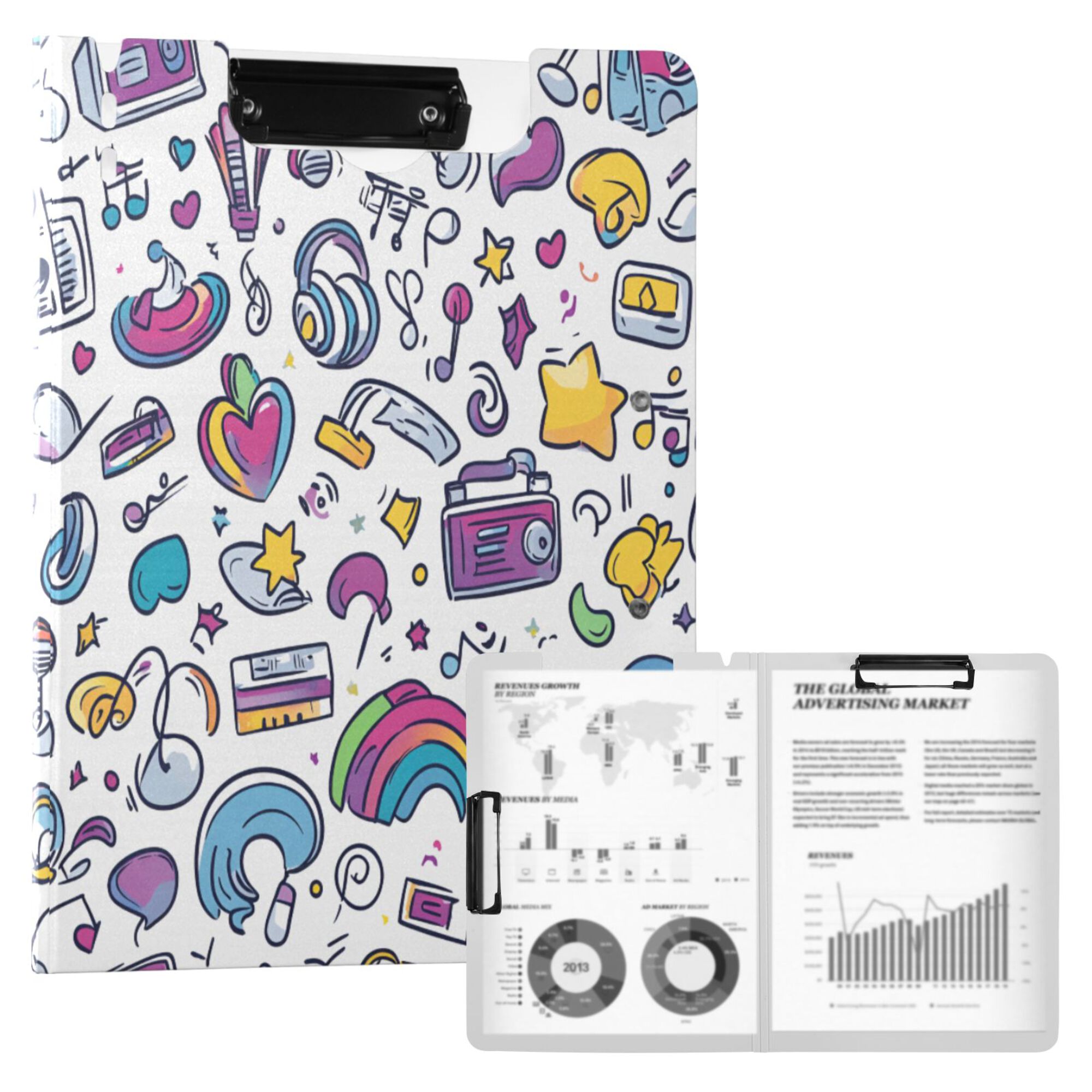FORMRS A4 Clipboard Folder with Pen Holder Horizontal Foldable School Office Binder, Purple Doodle Pattern