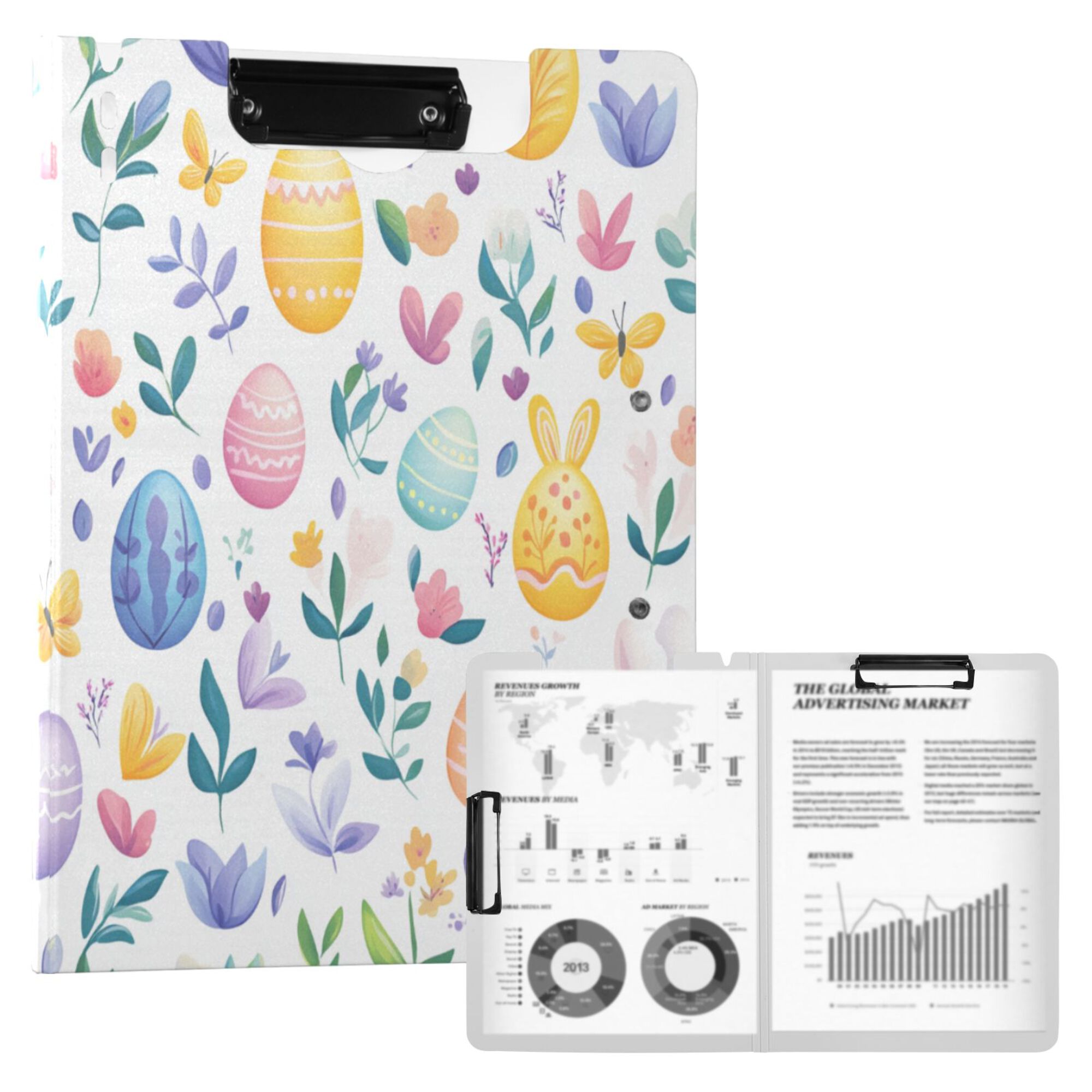 FORMRS A4 Clipboard Folder with Pen Holder Horizontal Foldable School Office Binder, Purple Easter Eggs