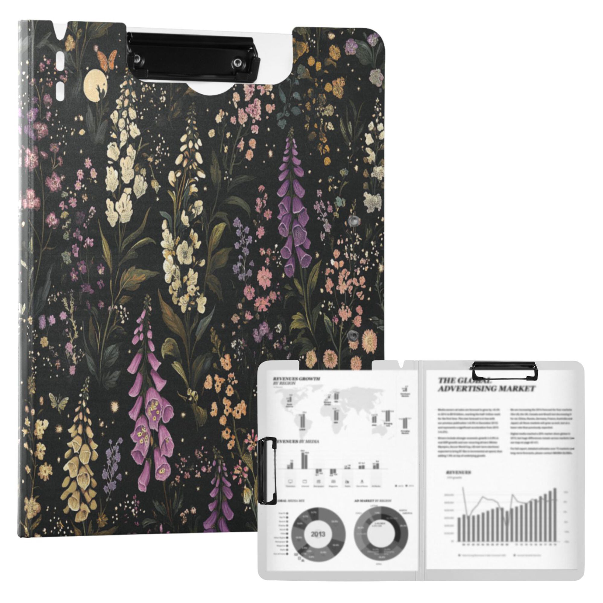 FORMRS A4 Clipboard Folder with Pen Holder Horizontal Foldable School Office Binder, Purple Floral Pattern