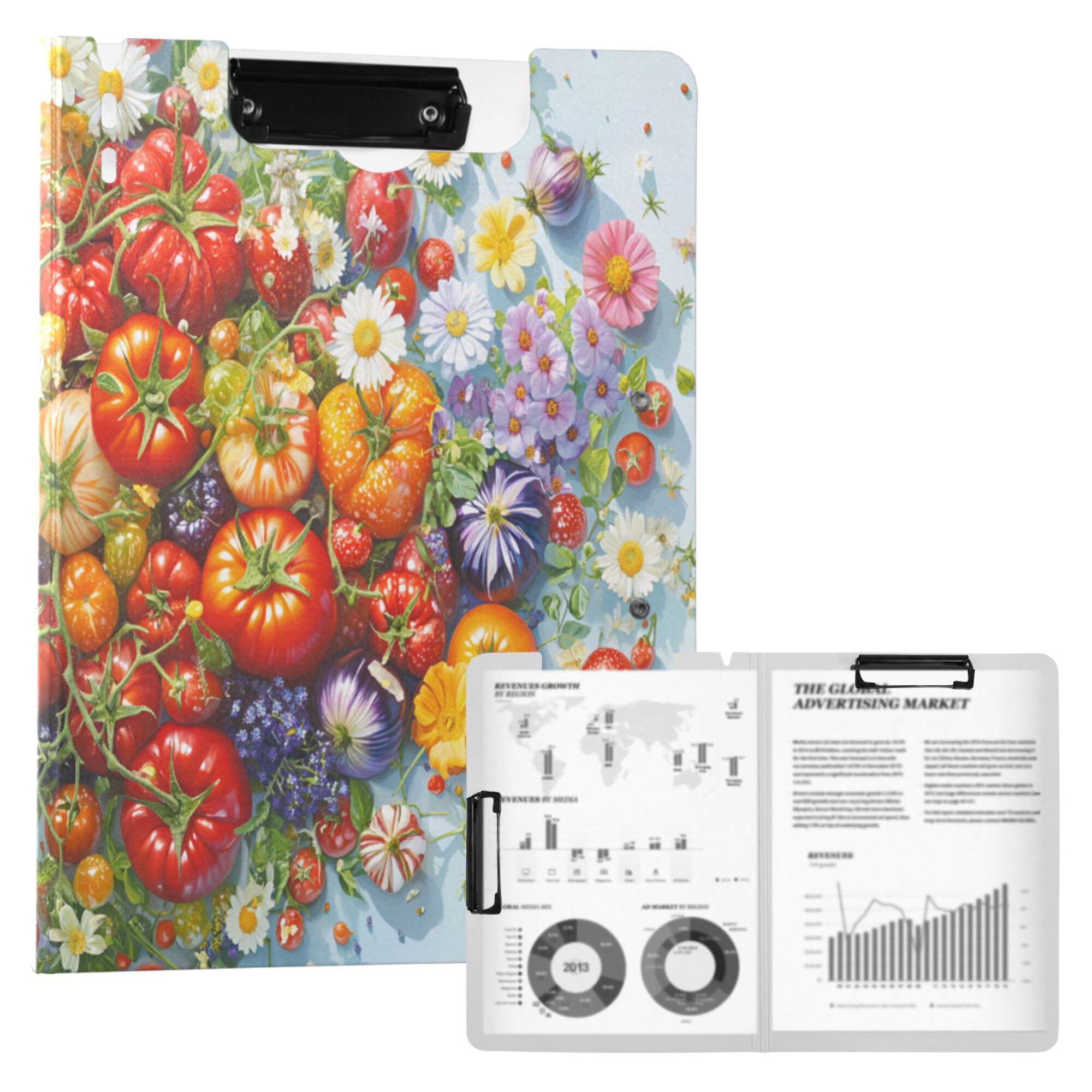 FORMRS A4 Clipboard Folder with Pen Holder Horizontal Foldable School Office Binder, Purple Floral Tomatoes