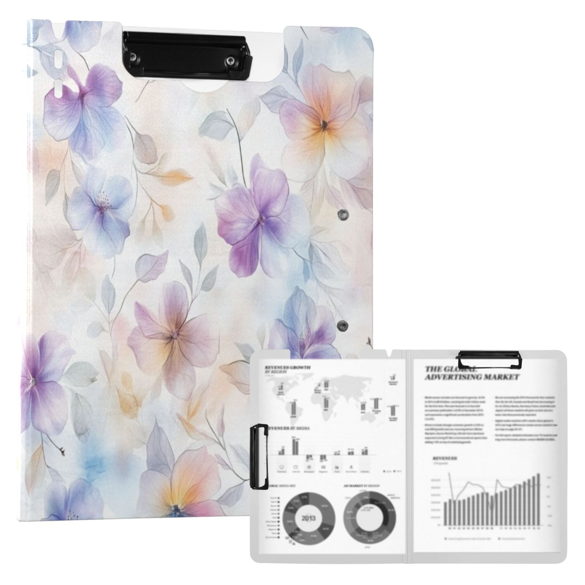 FORMRS A4 Clipboard Folder with Pen Holder Horizontal Foldable School Office Binder, Purple Flower Pattern