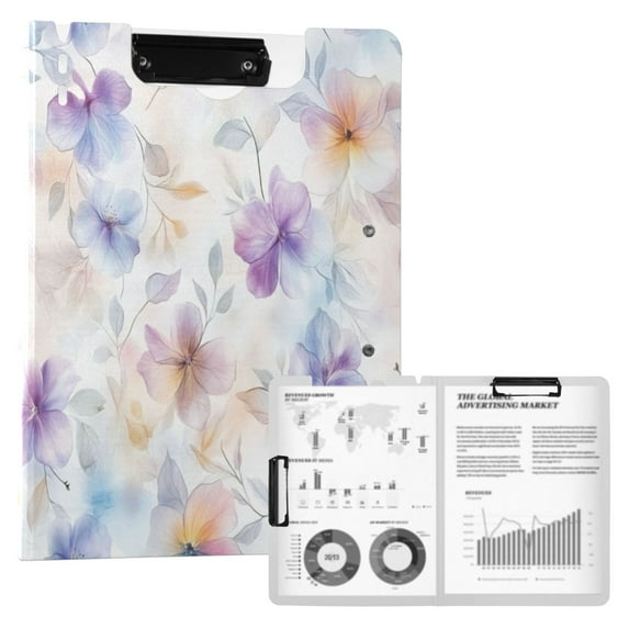FORMRS A4 Clipboard Folder with Pen Holder Horizontal Foldable School Office Binder, Purple Flower Pattern