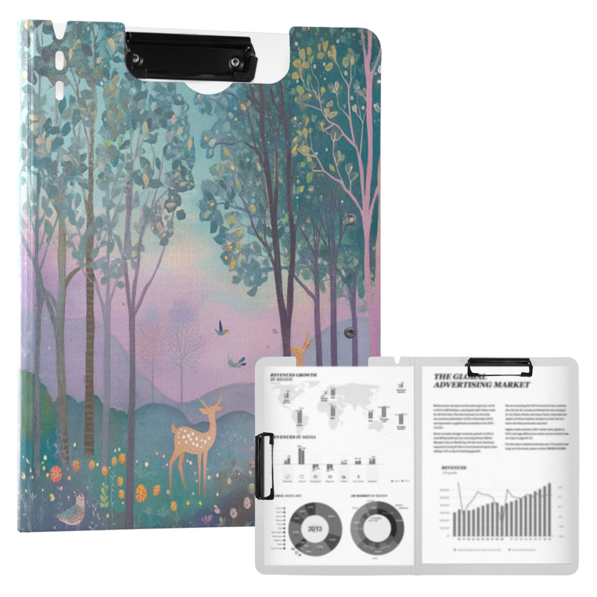 FORMRS A4 Clipboard Folder with Pen Holder Horizontal Foldable School Office Binder, Purple Forest Scene