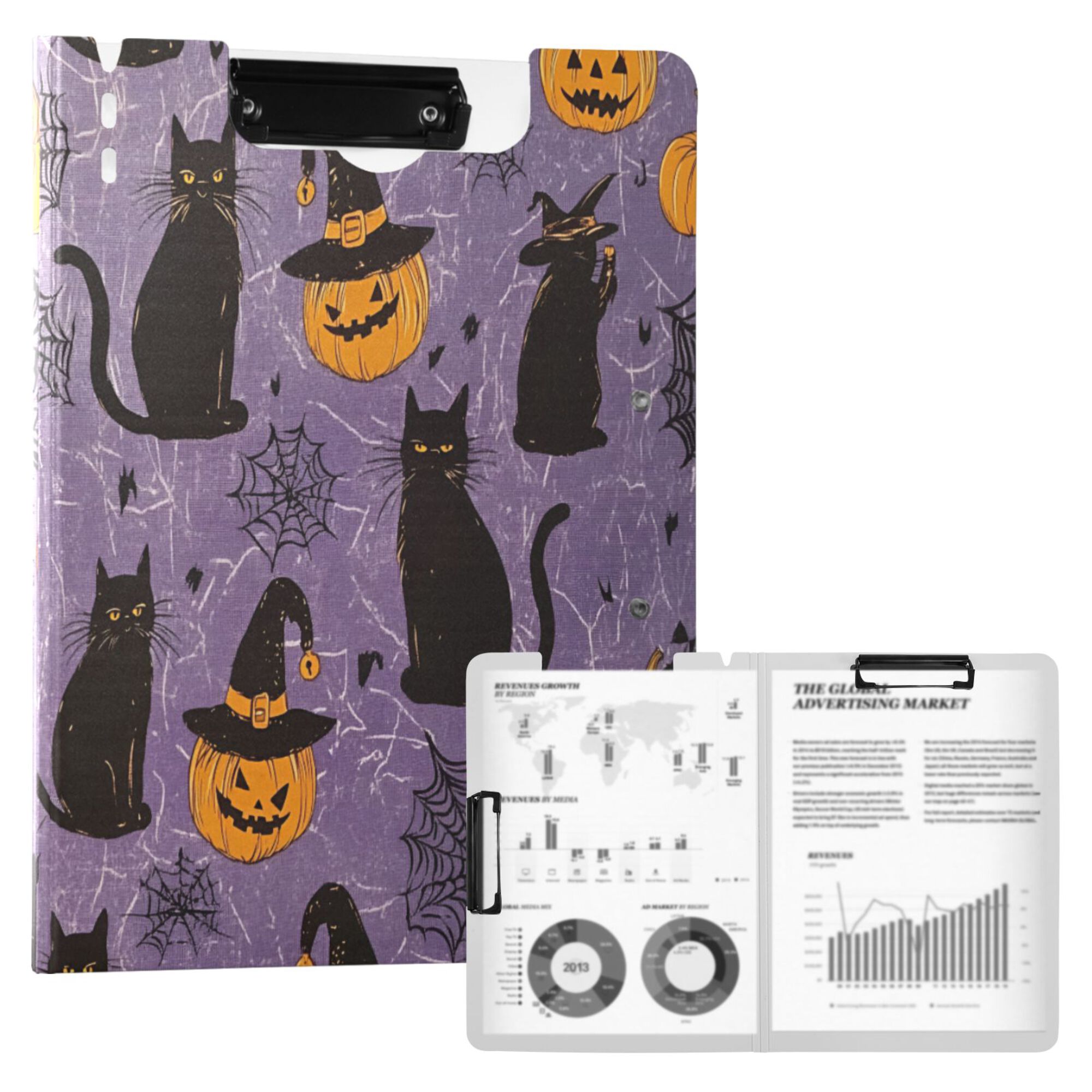 FORMRS A4 Clipboard Folder with Pen Holder Horizontal Foldable School Office Binder, Purple Halloween Black Cat
