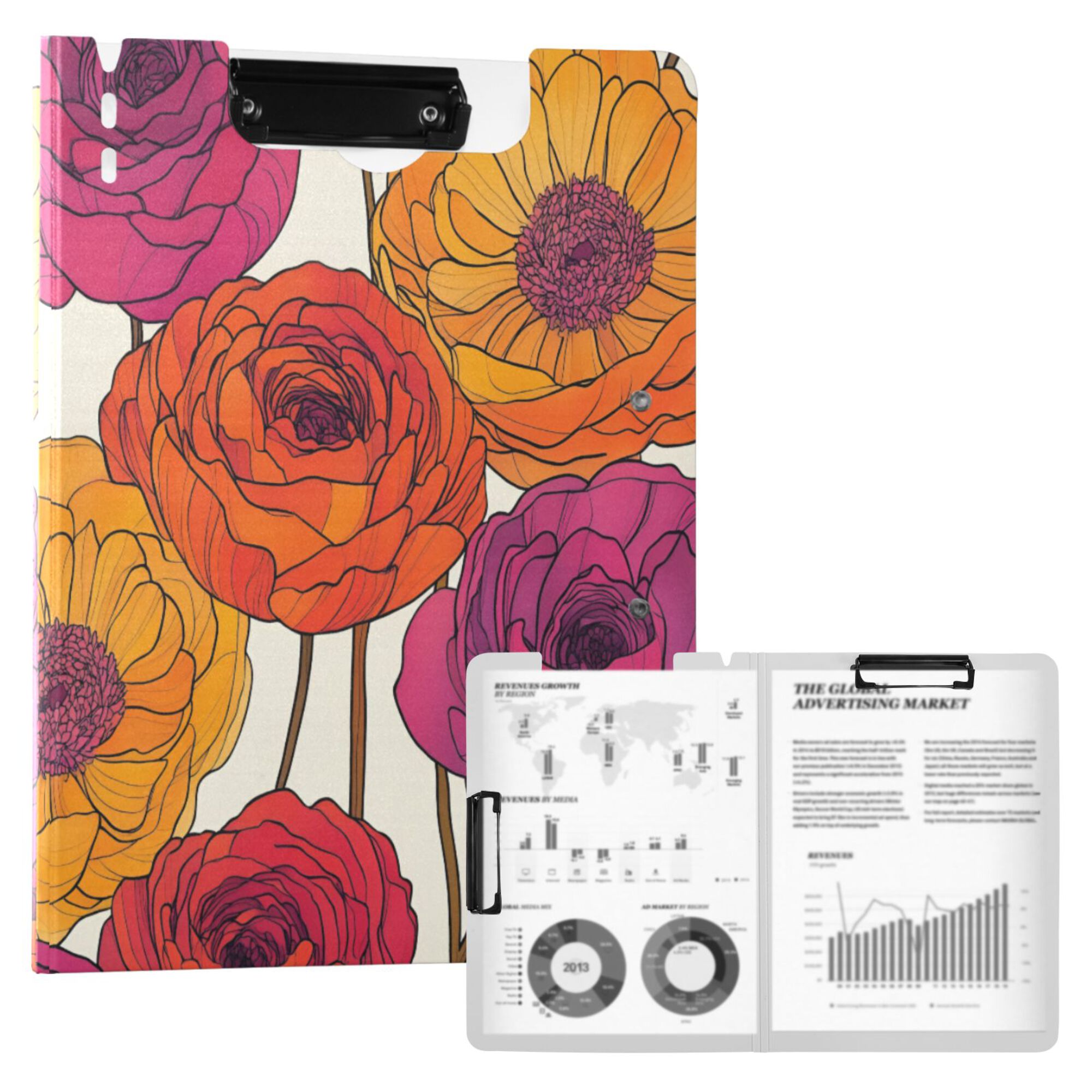 FORMRS A4 Clipboard Folder with Pen Holder Horizontal Foldable School Office Binder, Purple Hand Drawn Floral