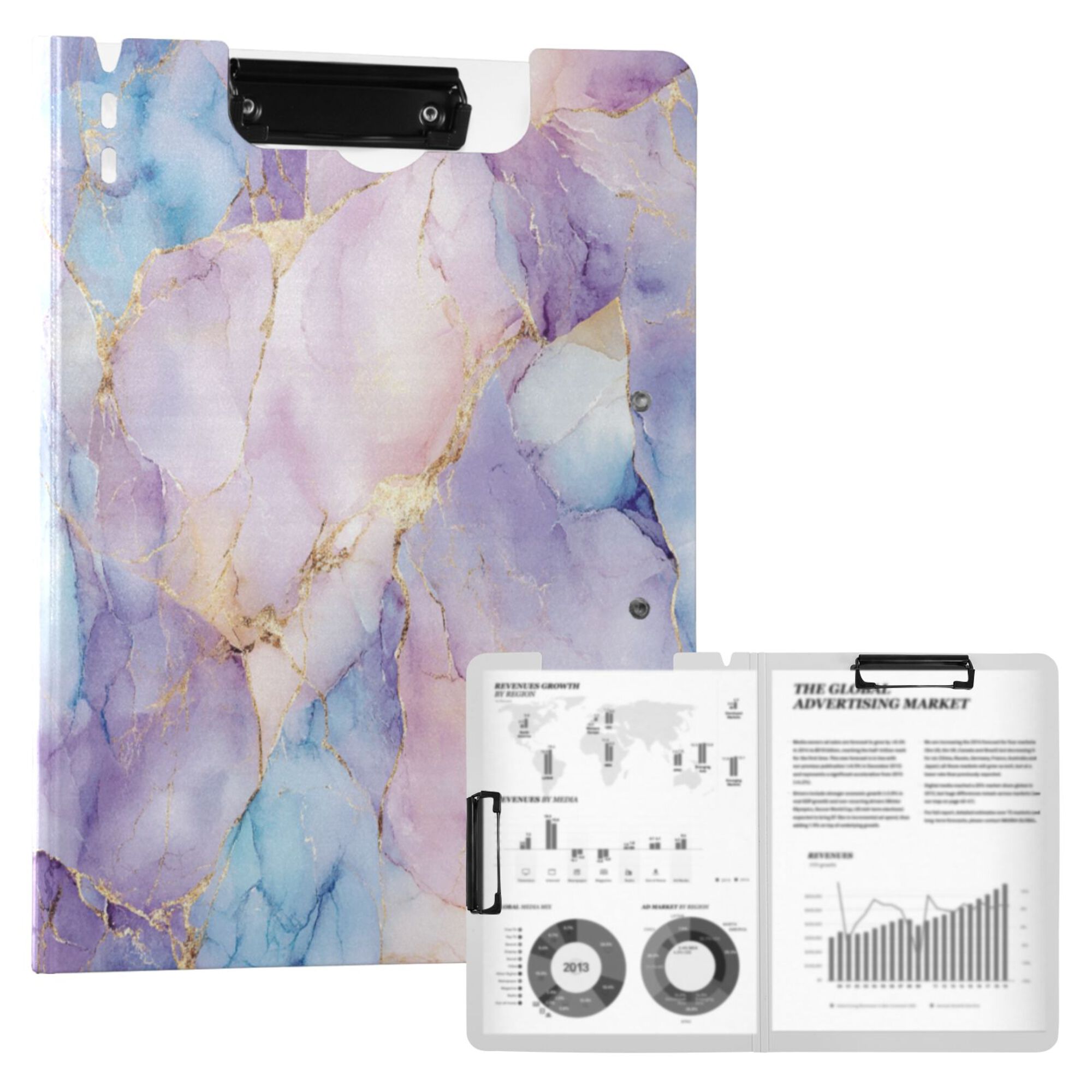 FORMRS A4 Clipboard Folder with Pen Holder Horizontal Foldable School Office Binder, Purple Marble Pattern