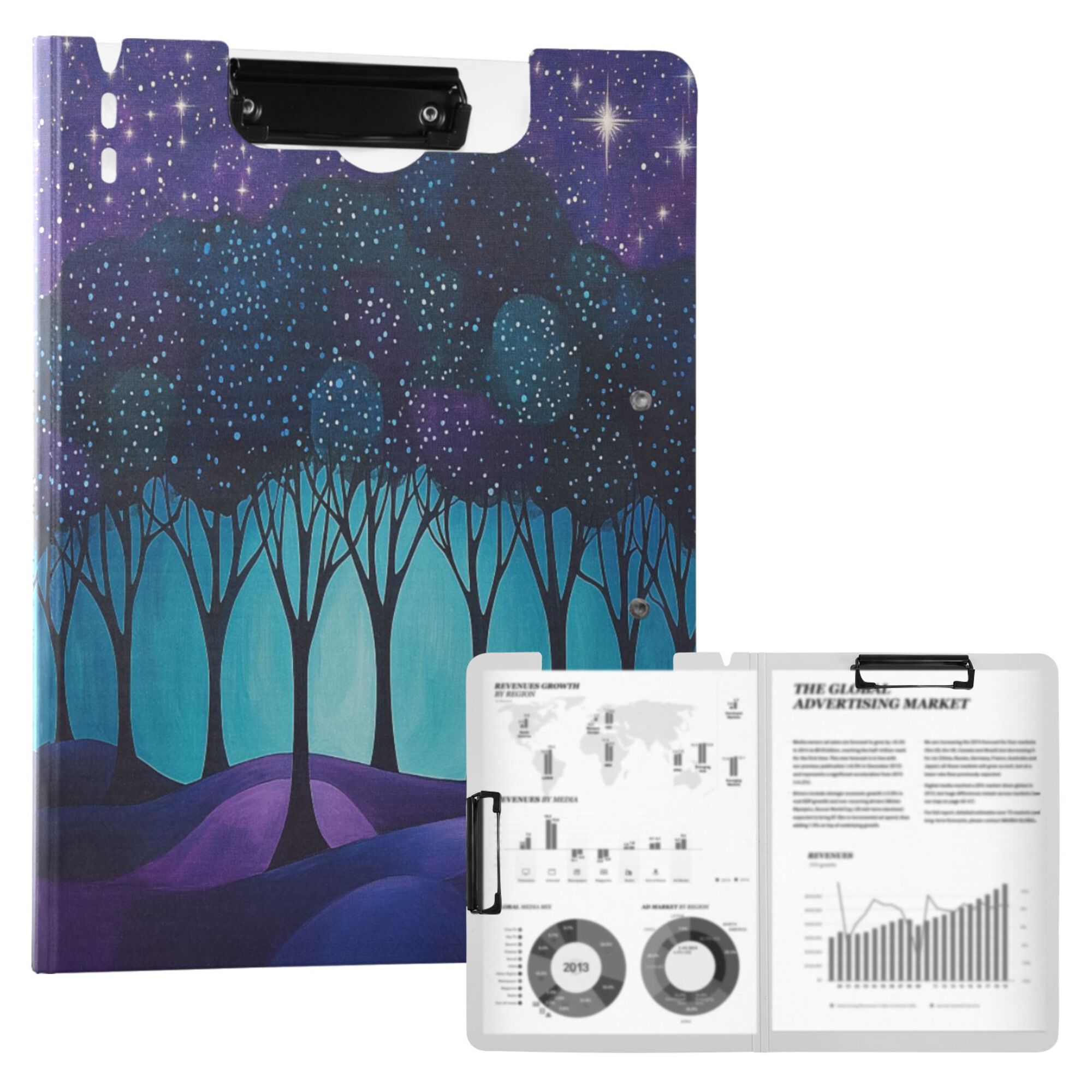 FORMRS A4 Clipboard Folder with Pen Holder Horizontal Foldable School Office Binder, Purple Moonlight Forest